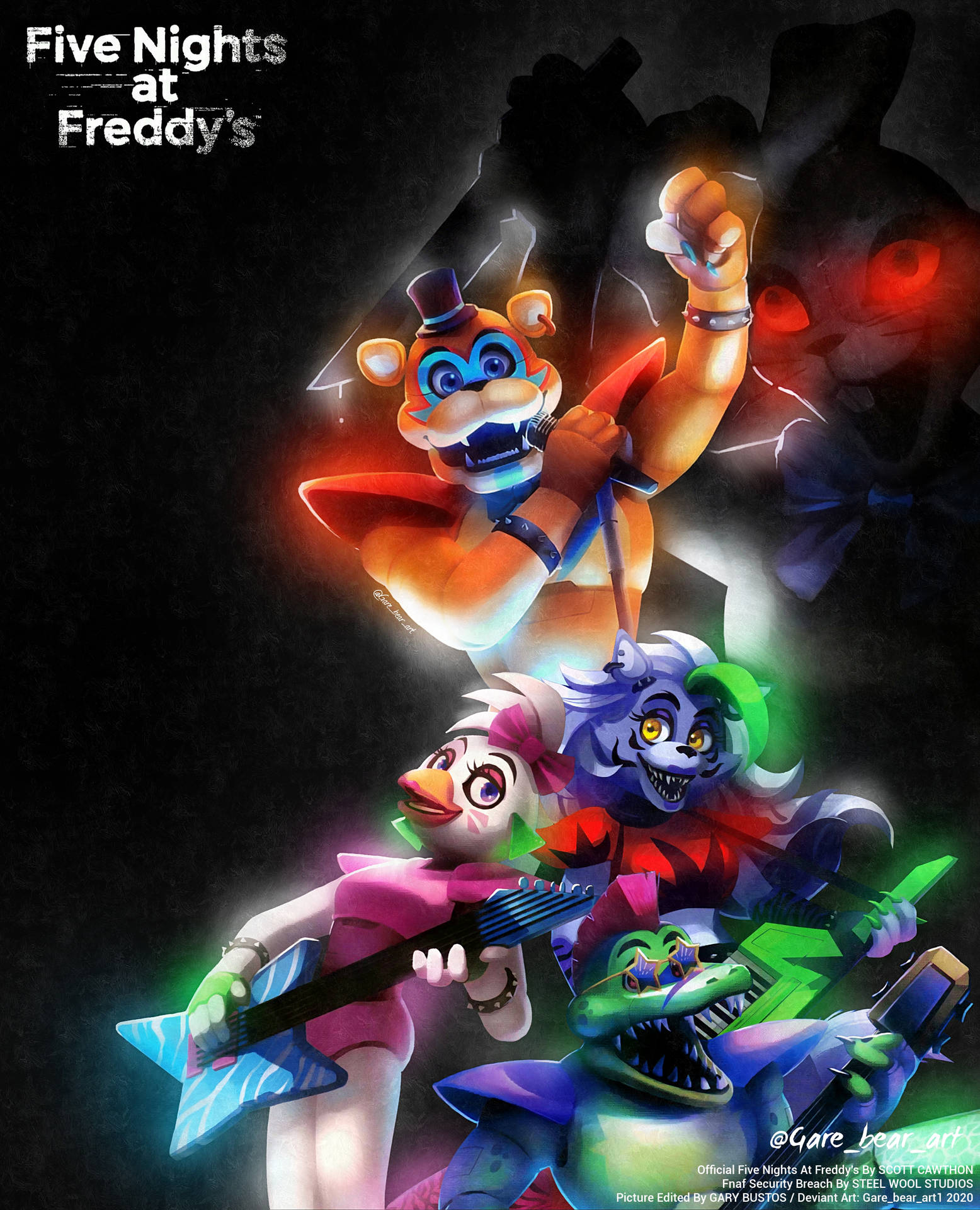 Freddy Fazbear 和其他電子動畫角色在黑暗恐怖的環境中彈奏結他。