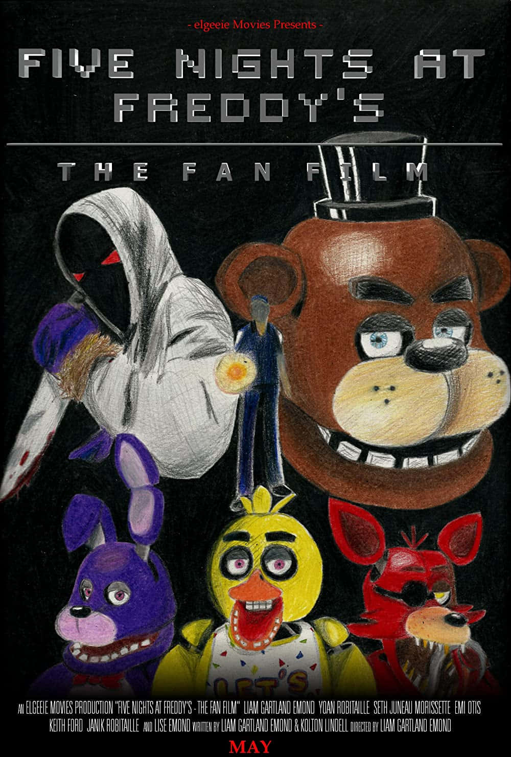 《Five Nights at Freddy's》粉絲電影海報，包含電子動畫和一個戴面具持刀的人物。