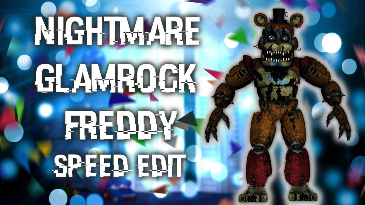 帶有故障文字和彩色紙屑背景的Nightmare Glamrock Freddy機械人。