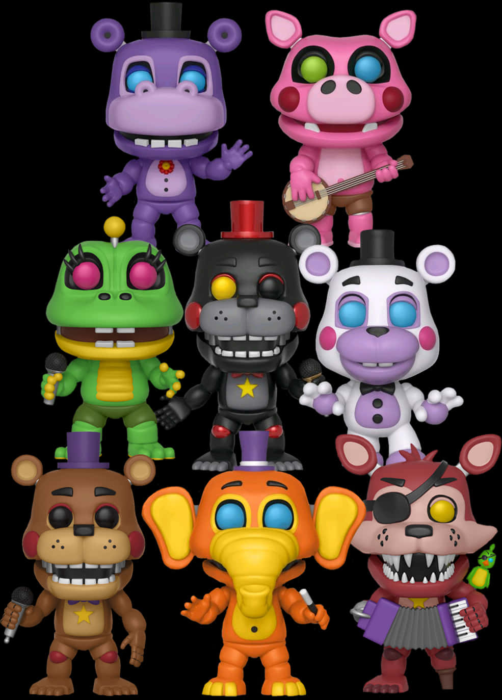 五夜驚魂角色收藏 壁紙 — 七個色彩繽紛的 Funko Pop! 公仔，展示《Five Nights at Freddy's》角色，在黑色背景前擺出姿勢。