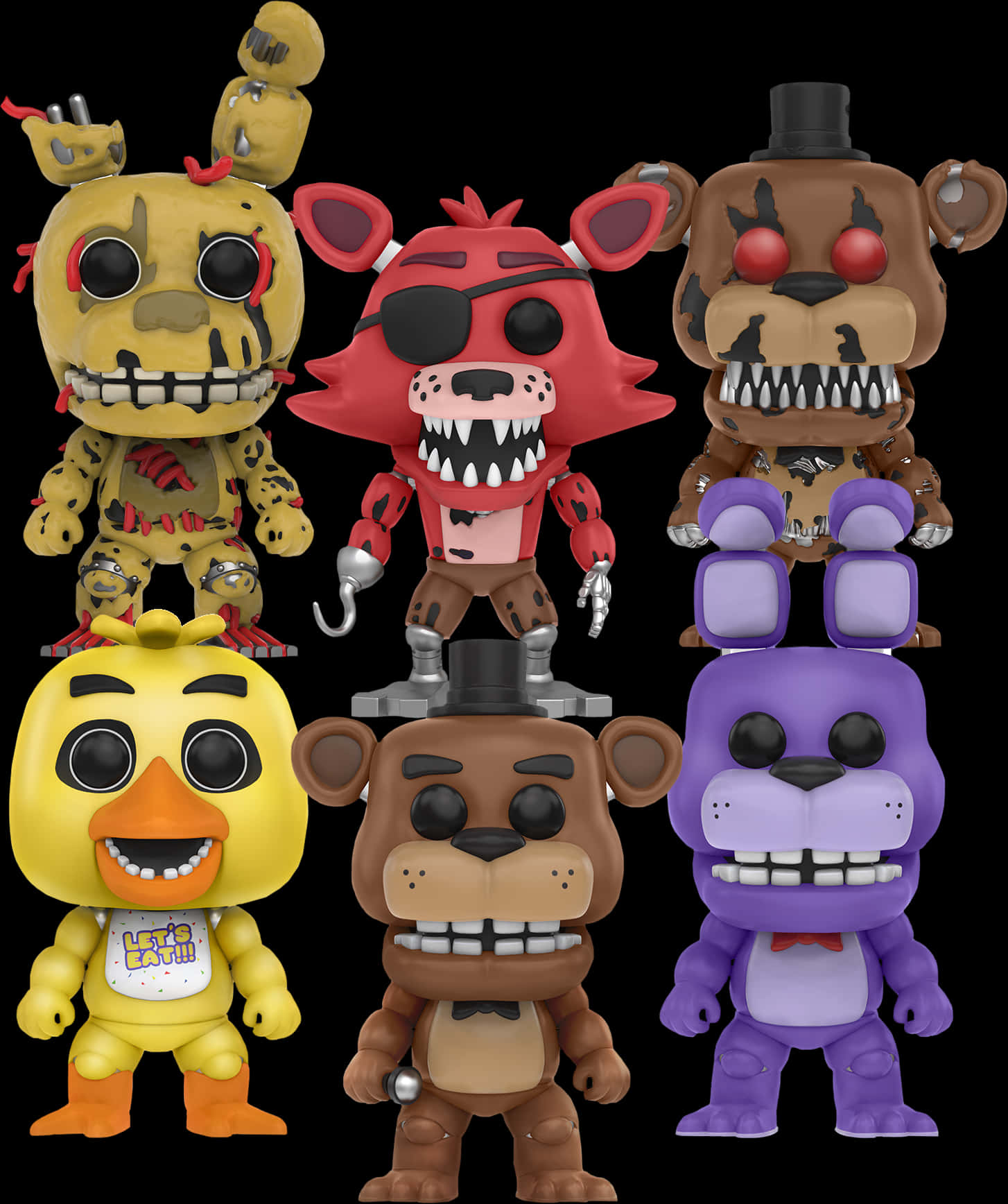 五夜驚魂角色模型收藏 壁紙 — 六個 Funko Pop! 嘅 Five Nights at Freddy's 角色公仔排成兩行，背景係黑色。