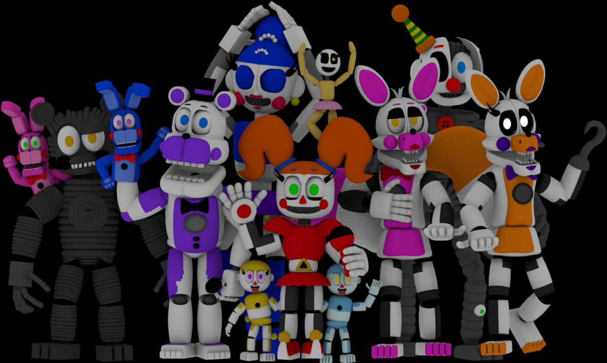 五夜驚魂角色集合 壁紙 — 一群來自《Five Nights at Freddy's》系列的色彩繽紛的電子動畫角色在黑色背景前一起擺姿勢。