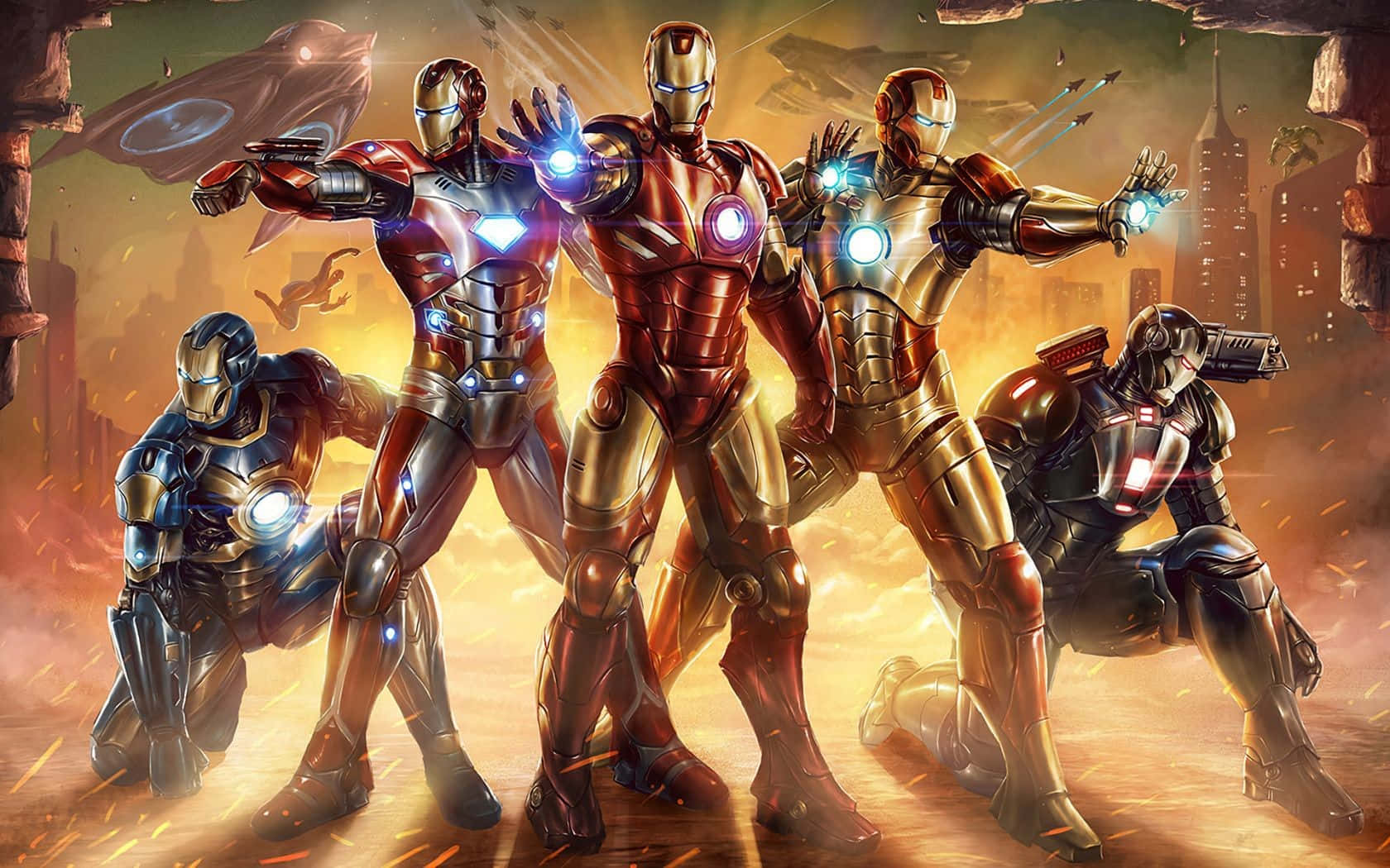 Iron Man Suit 桌布 壁紙 — 五套鐵甲奇俠戰衣以動態姿勢散發能量，在熾熱的城市戰場背景下閃耀光芒。