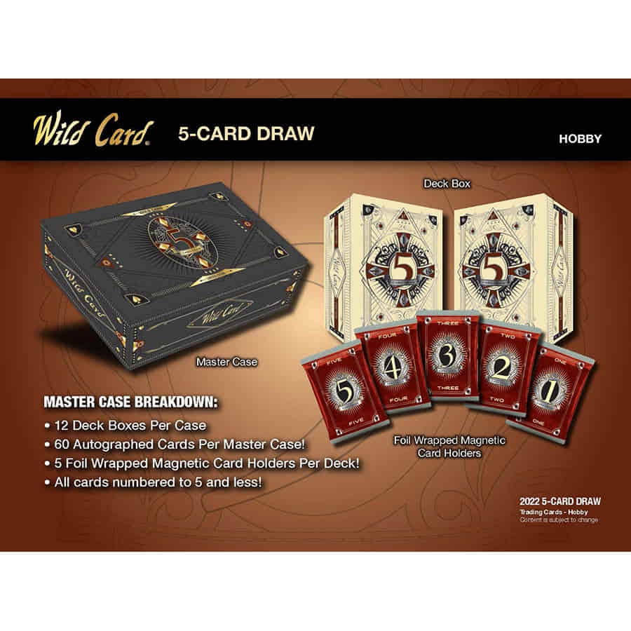 Wild Card 5-Card Draw 交易卡產品包裝，包含主盒、牌組盒和箔紙包裹的磁力卡套。