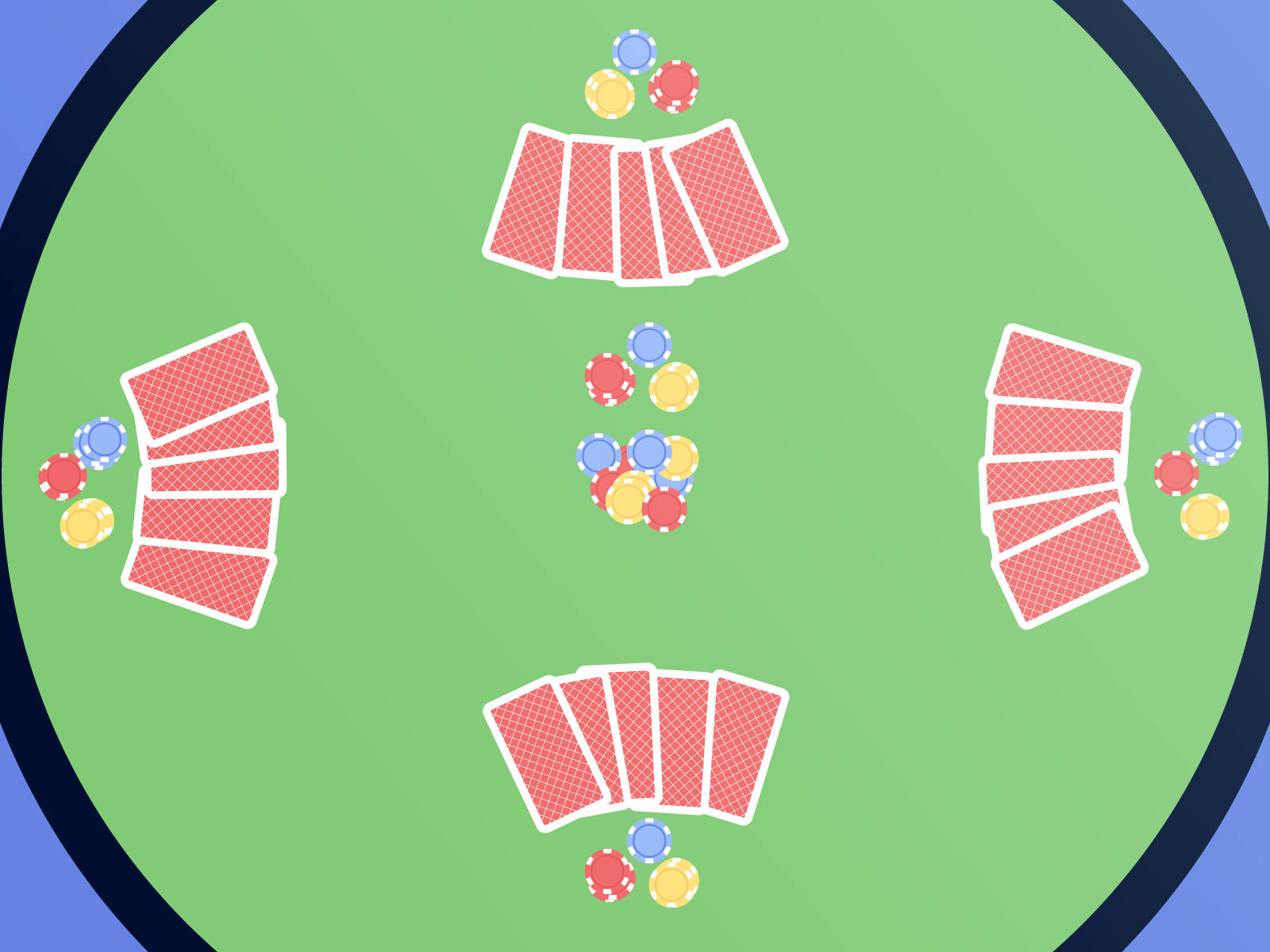 五張牌抽牌遊戲示意圖 壁紙 — 從上方俯瞰綠色撲克桌，桌上散開的紅色紙牌和色彩繽紛的籌碼為遊戲而擺放。