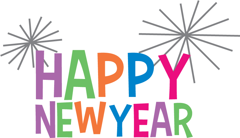 五彩繽紛新年問候 壁紙 — 黑色背景上帶有灰色煙花的鮮豔多彩「HAPPY NEW YEAR」文字。