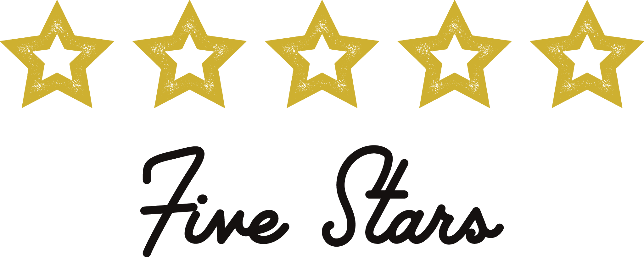 五星評分圖示 壁紙 — 五顆帶有閃亮質感的金色星星位於草書文字「Five Stars」上方，背景為純白色。