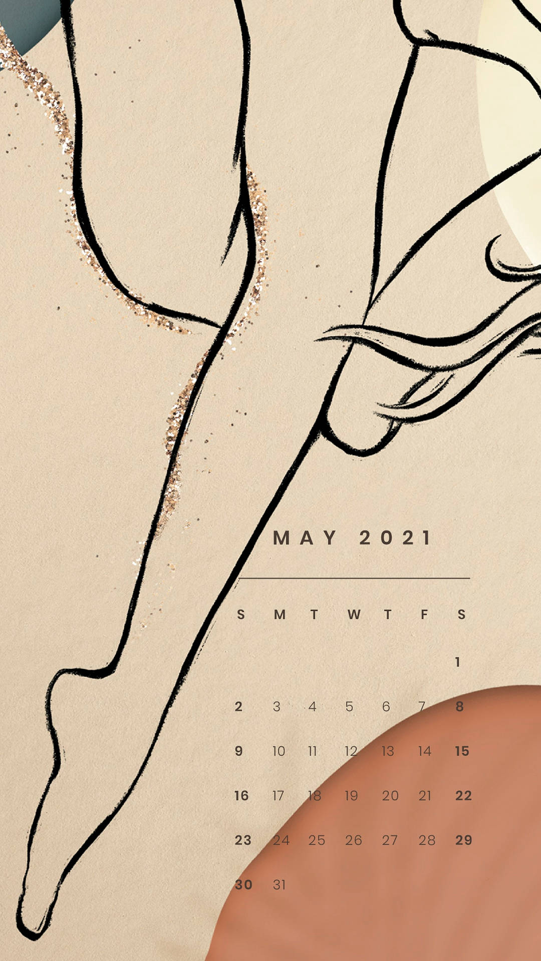 舞者與2021年5月日曆的抽象線條畫。