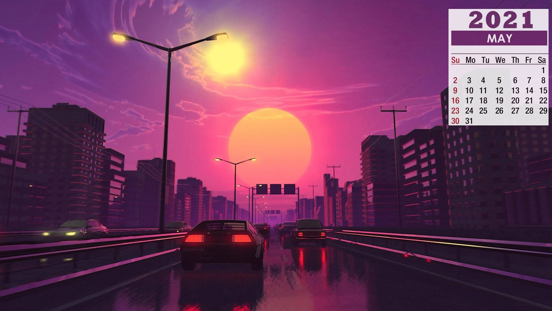 在未來城市中，汽車在潮濕的高速公路上行駛，夕陽閃耀。