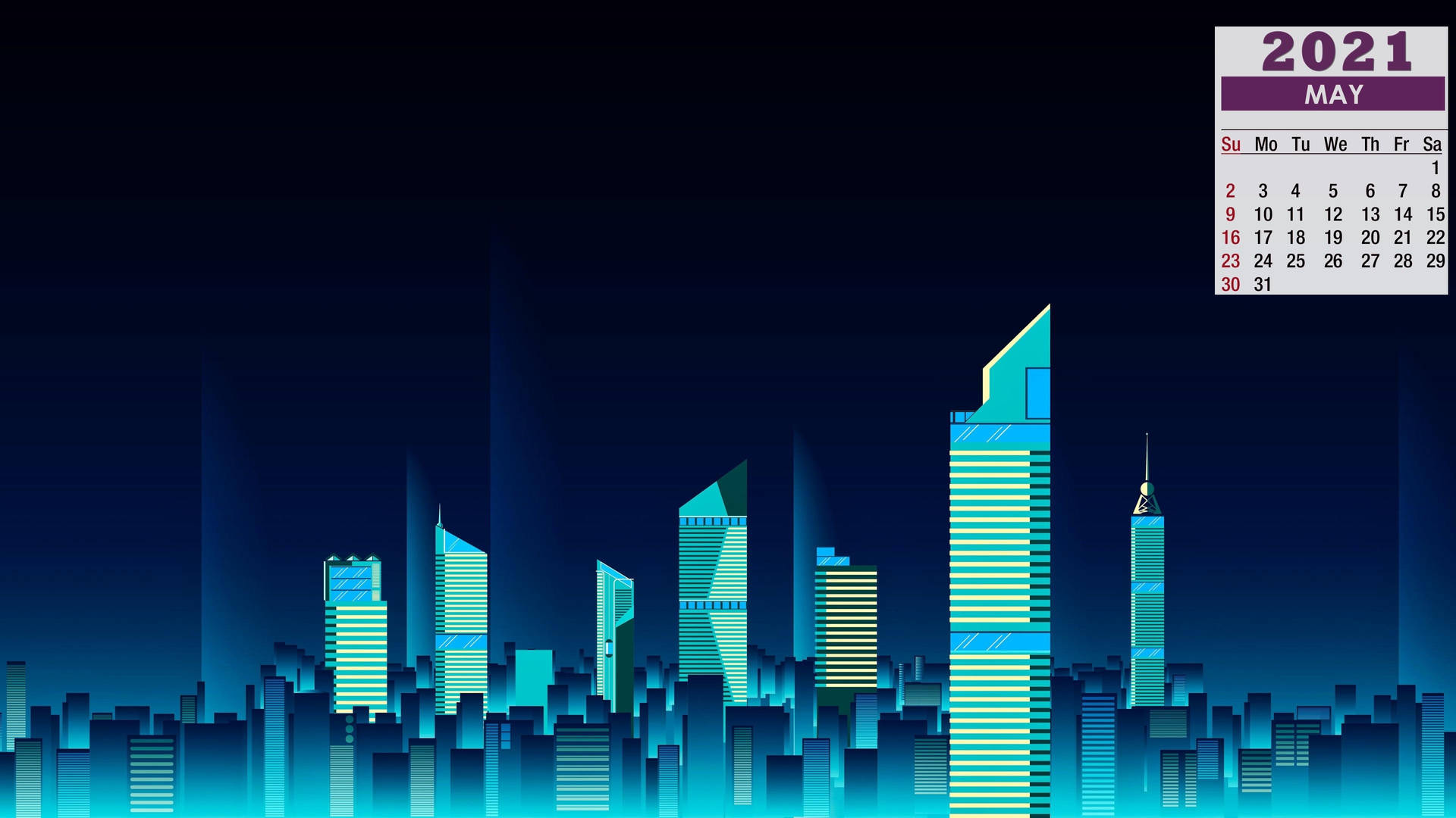 夜晚藍色霓虹城市天際線，帶有2021年5月日曆疊加。