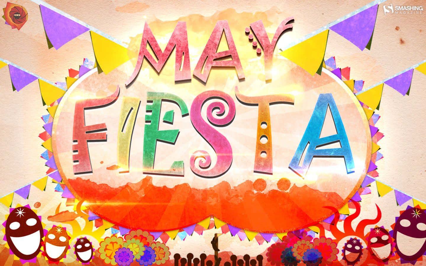 節日氣氛濃厚的 May Fiesta 橫幅，配有彩色彩旗和微笑面具。