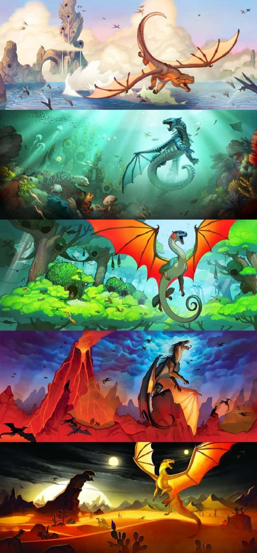 火之翼 桌布 壁紙 — 五條奇幻巨龍在戲劇性的天空下，從海洋到火山再到沙漠，翱翔於多樣化的景觀之上。