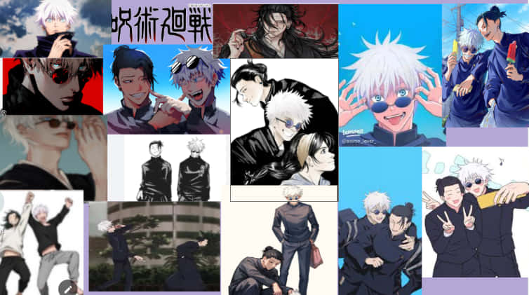 五條悟 壁紙 — 一幅充滿活力的拼貼畫，展示《咒術迴戰》中的動漫角色，以動態姿勢和富有表現力的面孔，襯托多變的背景。