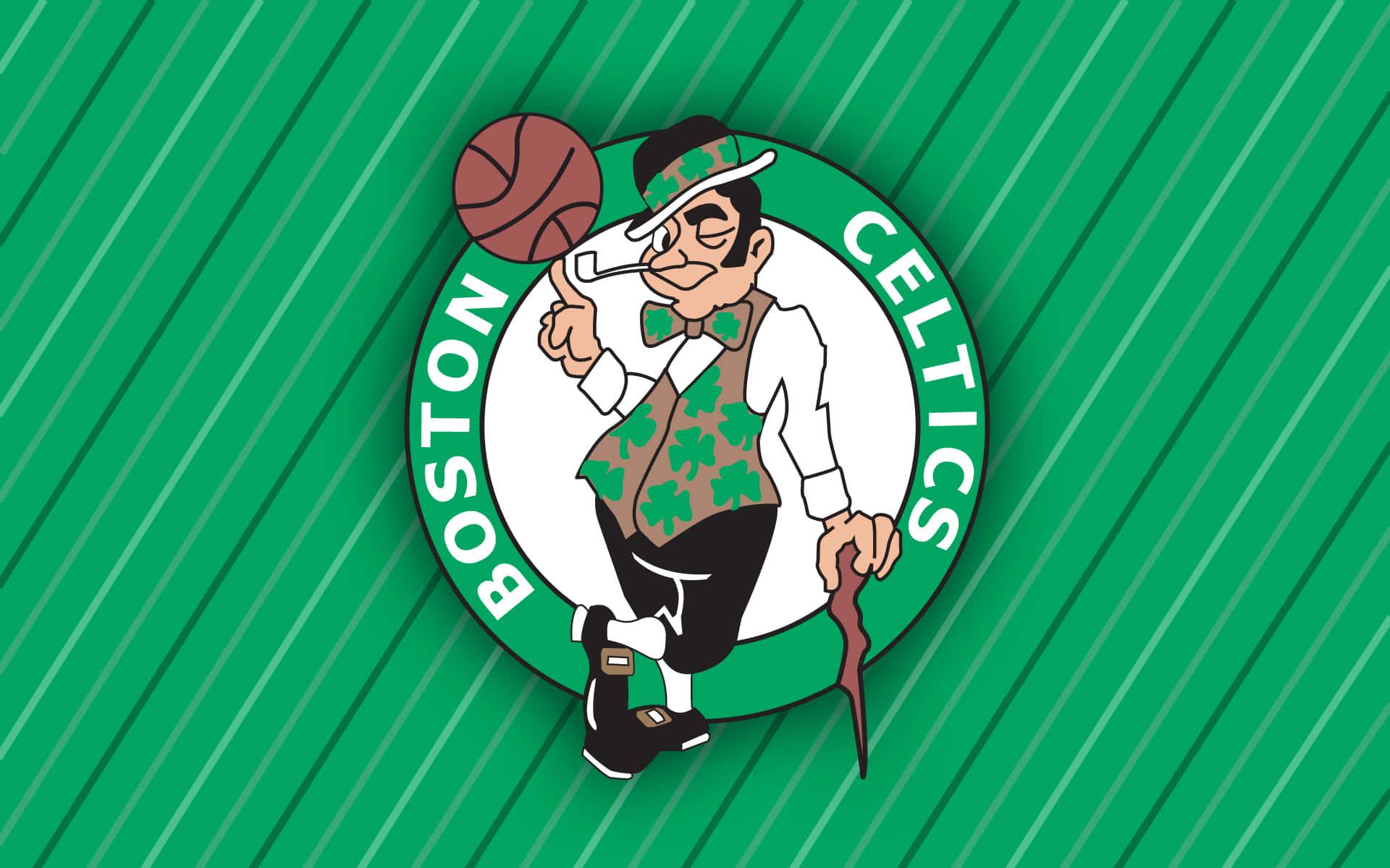五次NBA冠軍的波士頓塞爾提克隊展現霸主之姿 壁紙 — 一個卡通小妖精在綠色條紋的波士頓塞爾特人隊標誌圓圈內拿著籃球和手杖。