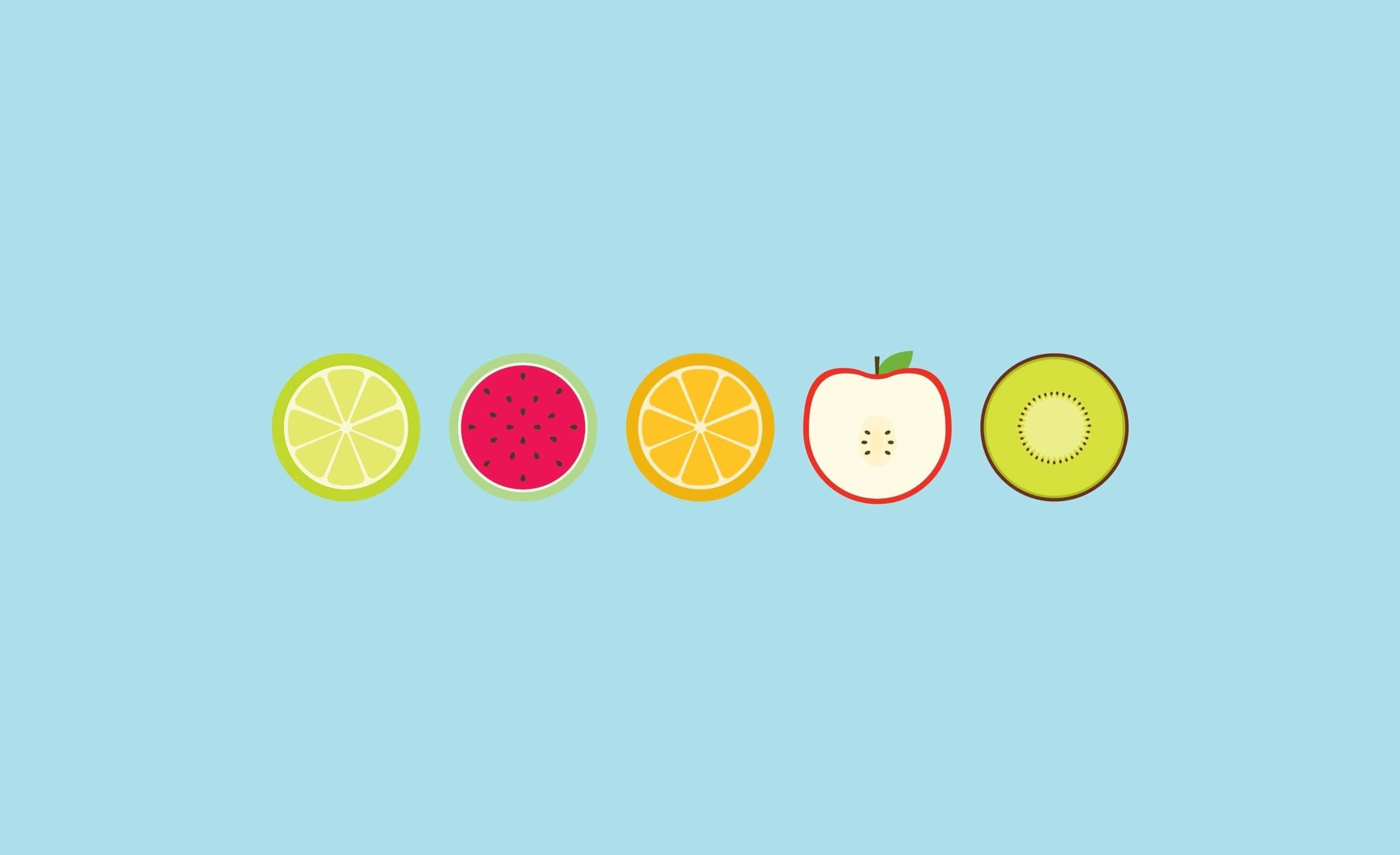Kawaii Fruit 桌布 壁紙 — 五種色彩繽紛的切片水果：青檸、西瓜、橙、蘋果和奇異果，在柔和的藍色背景上排成一排。