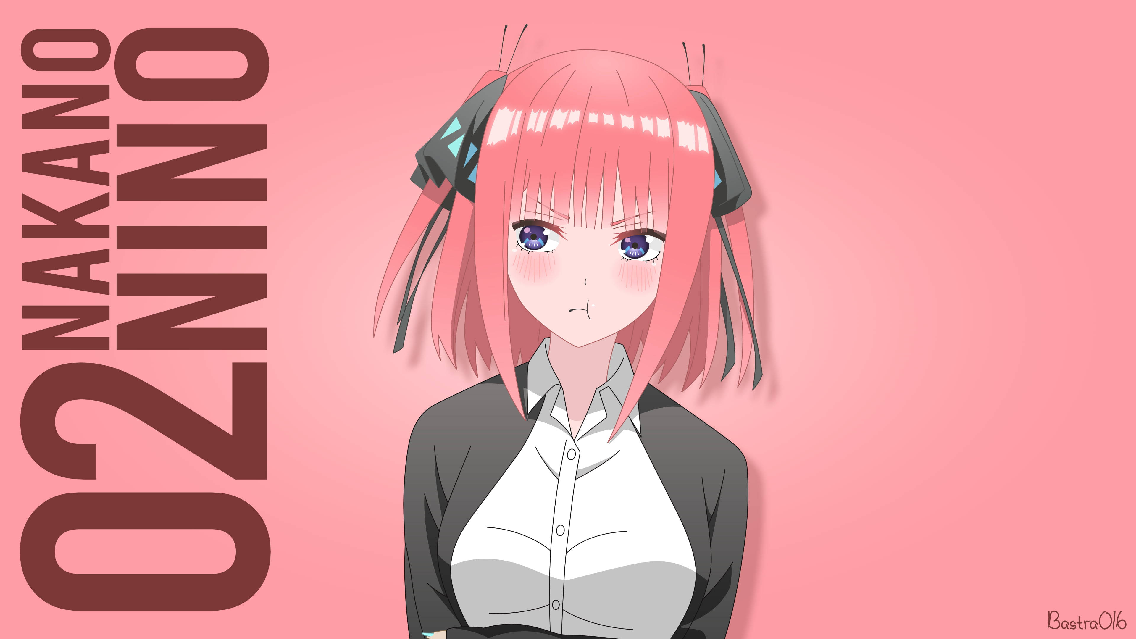 《五等分的新娘》二乃 Nakano 嘟嘴 壁紙 — 粉紅色頭髮、戴著耳機的動漫女孩，在純粉紅色背景上嘟著嘴凝視。