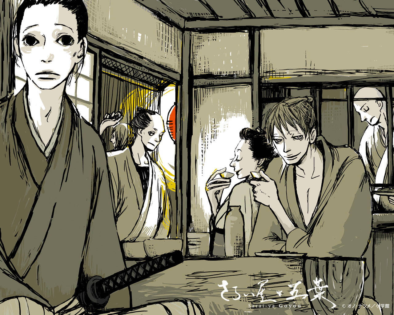 身穿傳統服飾的武士坐在寧靜的日本茶室中，桌上放著一把武士刀。