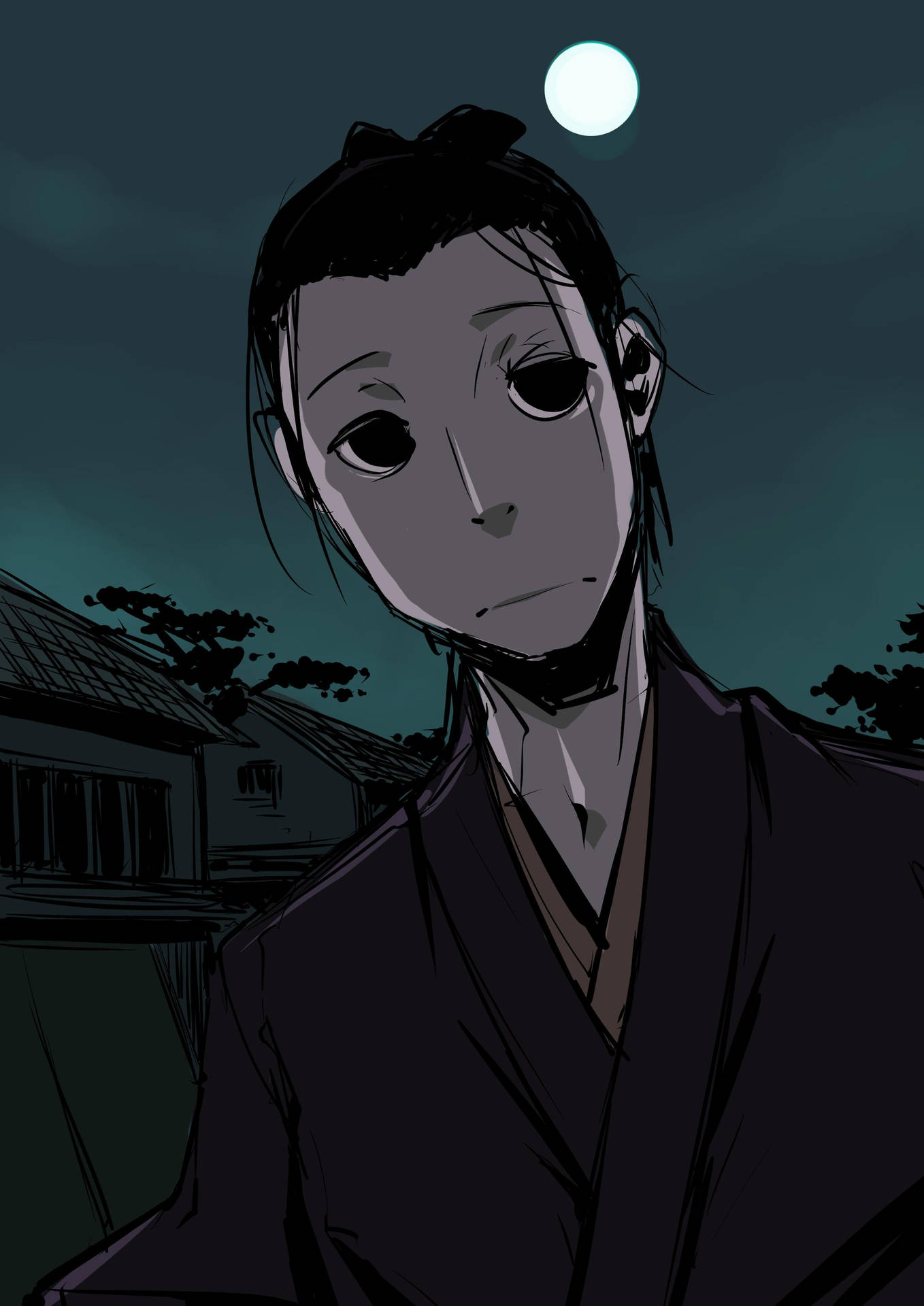 動漫角色穿著和服在滿月下寧靜村莊的夜晚