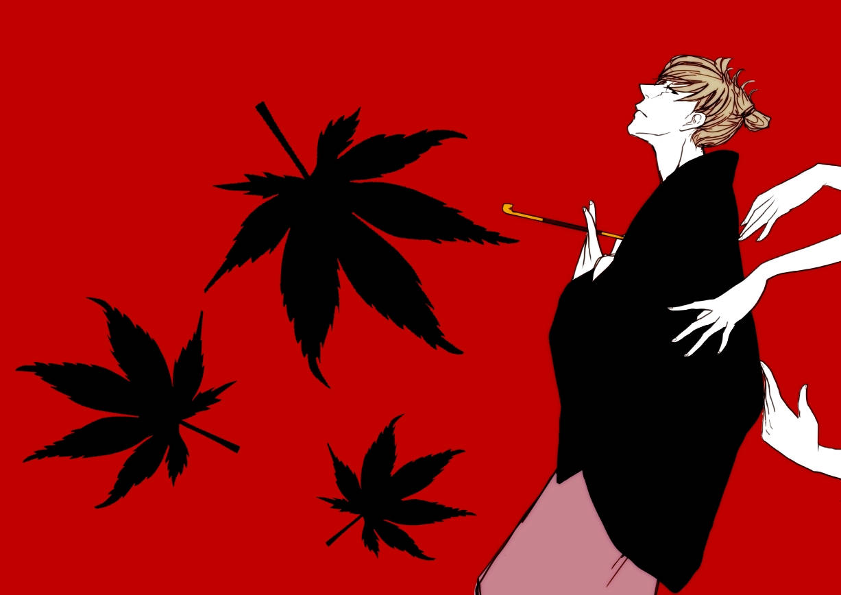身穿黑色長袍的動漫角色，在紅色背景中漂浮著楓葉。