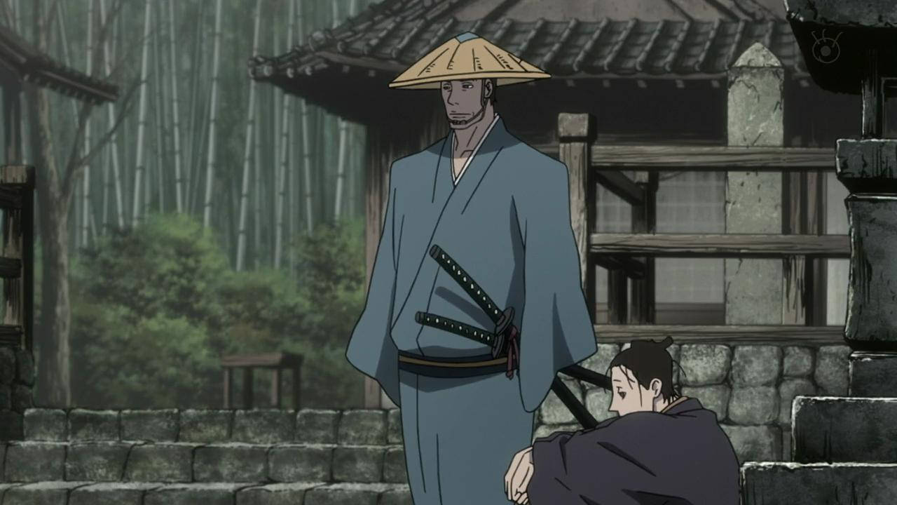 戴草帽武士站在跪著男人上方於竹林庭院