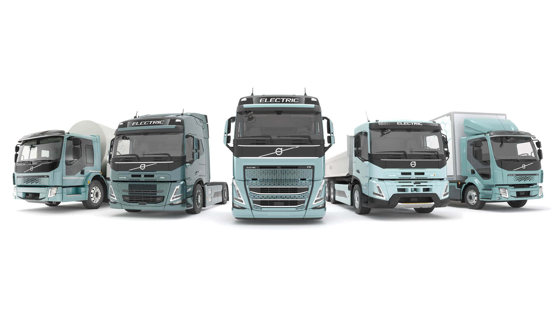 Trucks 桌布 壁紙 — 五輛時尚淺藍色電動富豪貨車整齊排列在潔白背景前，展示現代可持續貨運設計。