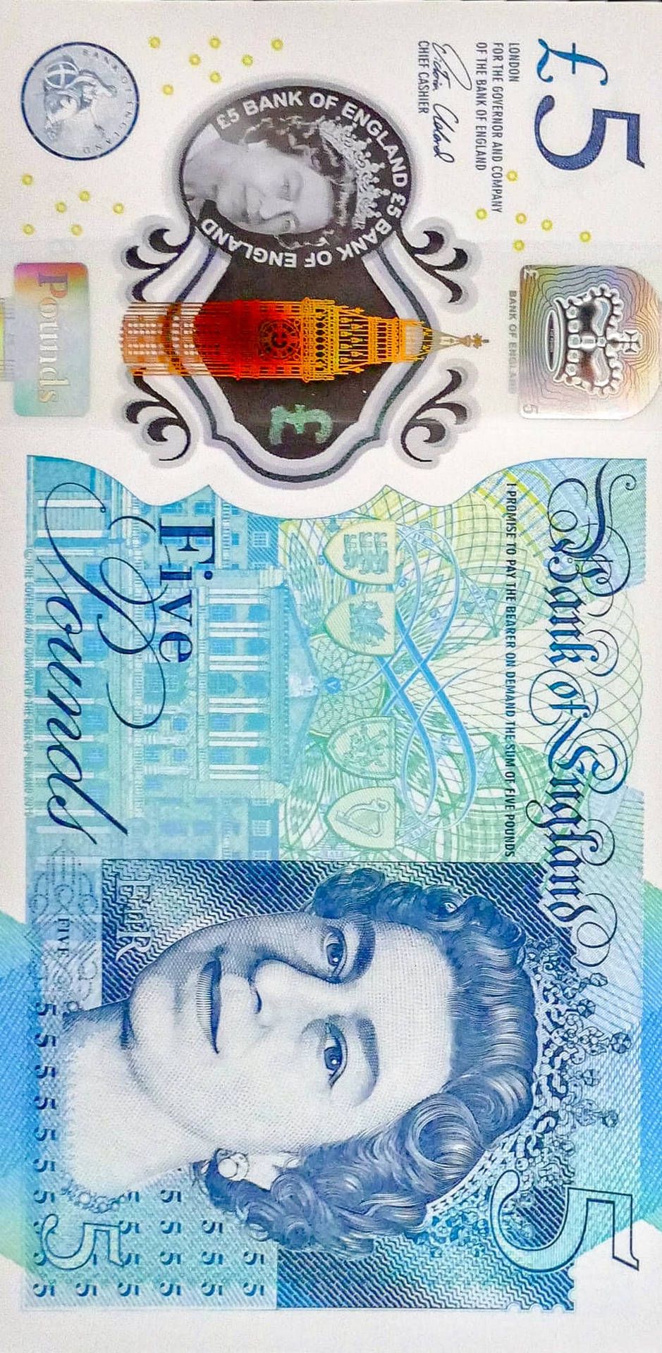 英國五英鎊鈔票的詳細視圖，上面有伊利沙伯二世女王和塔橋。