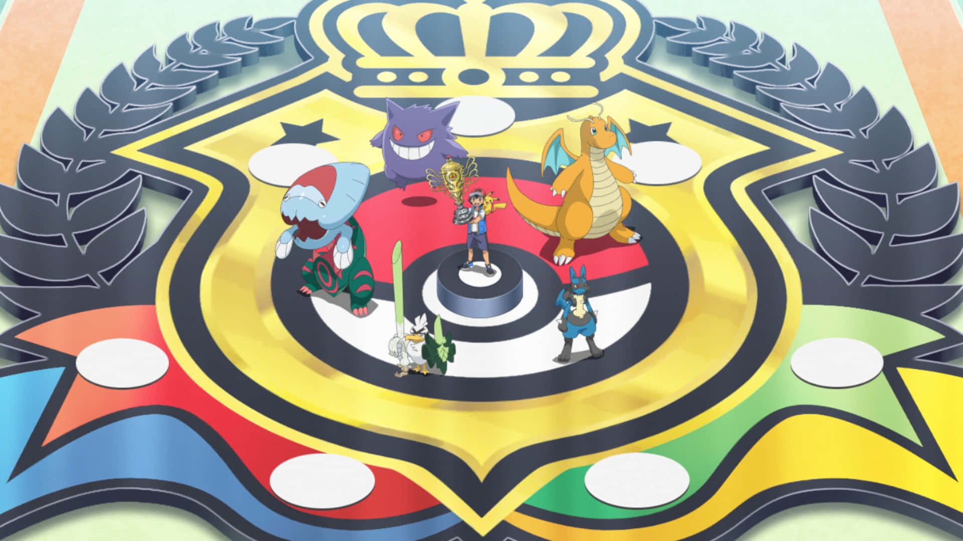 Pokemon World Championships 桌布 壁紙 — 五隻寶可夢和一位訓練家自豪地站在一個色彩繽紛的冠軍徽章上，徽章上有皇冠和月桂花環。