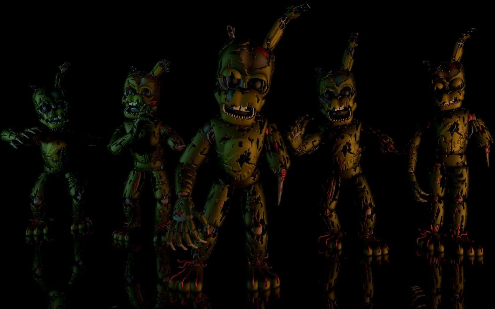 Scraptrap 桌布 壁紙 — 五隻帶有血跡的腐爛電子兔在黑暗中有反射地板的地方威脅地站立。