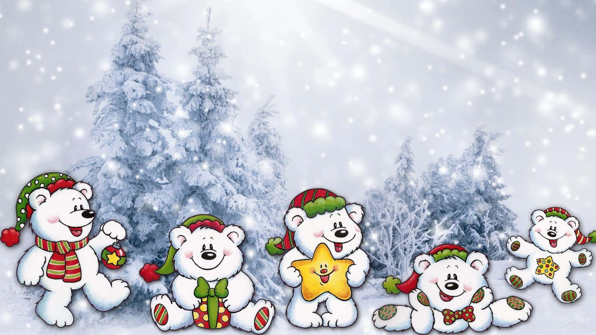 奇幻 桌布 壁紙 — 五隻戴著節日帽子和圍巾的快樂卡通北極熊在雪花飄落的雪地森林中玩裝飾品和一顆星星。