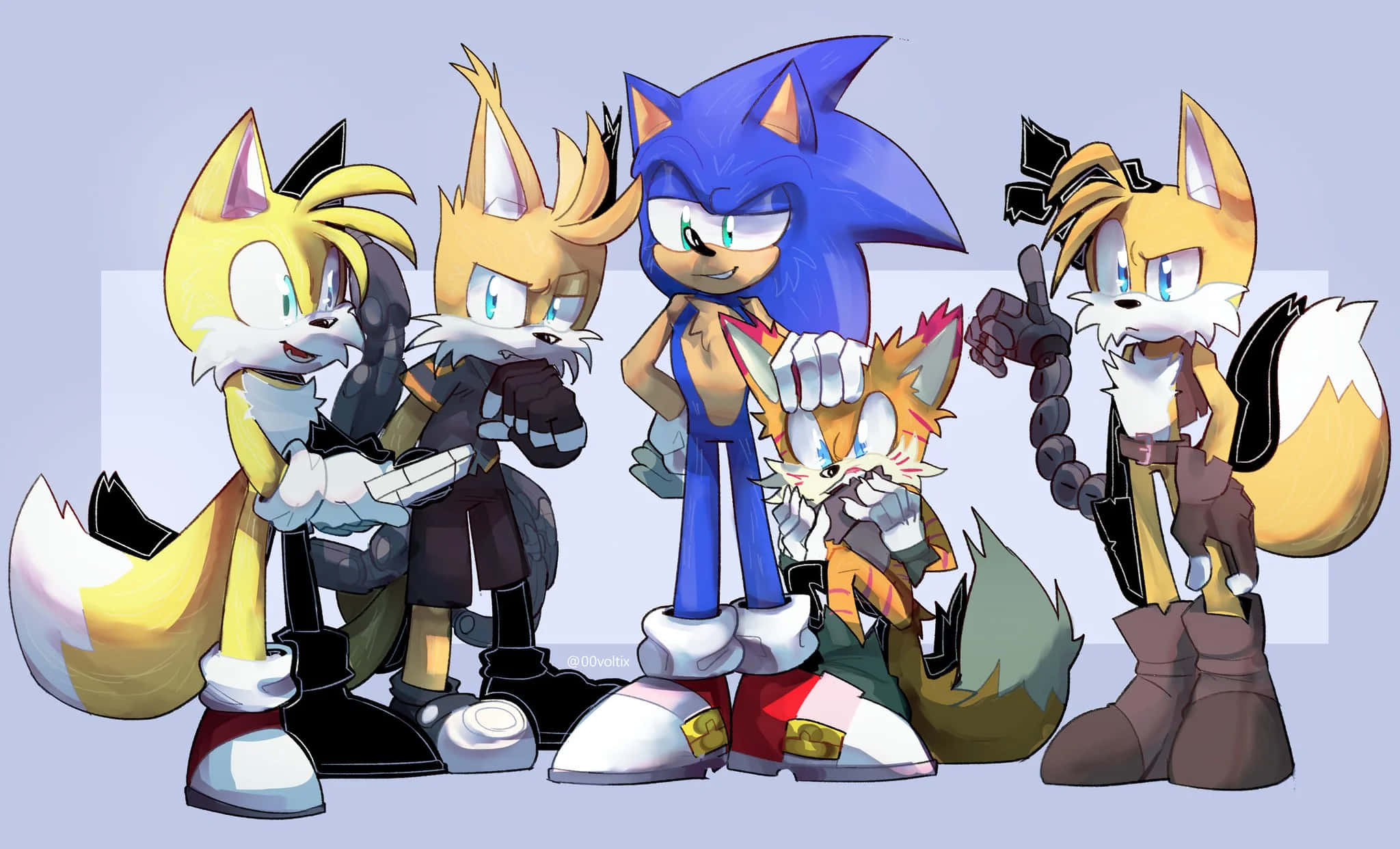 Sonic And Tails 桌布 壁紙 — 五隻擬人化的刺蝟和狐狸穿著色彩繽紛的服裝，在純淺藍色背景前自信地擺姿勢。