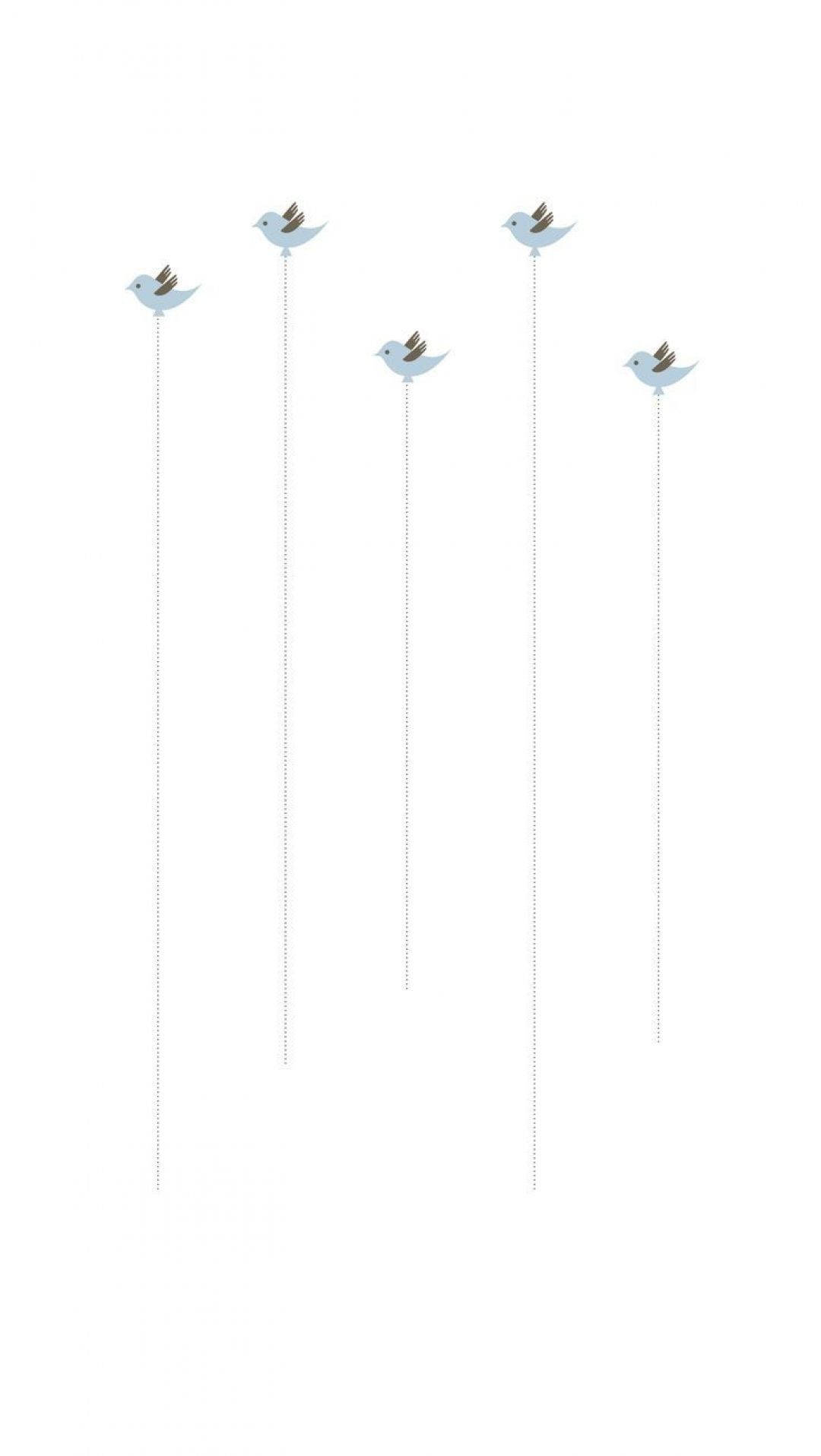 Birds Flying 桌布 壁紙 — 五隻極簡淺藍色小鳥，帶棕色翅膀，棲息在白色背景上的虛線上。