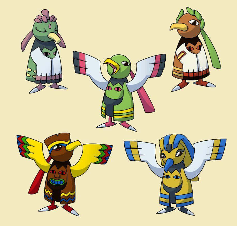 五隻穿著不同服裝的 Xatu 壁紙 — 五隻色彩繽紛的卡通鳥類生物，帶有獨特的部落圖案和展開的翅膀，站在純米色背景前。