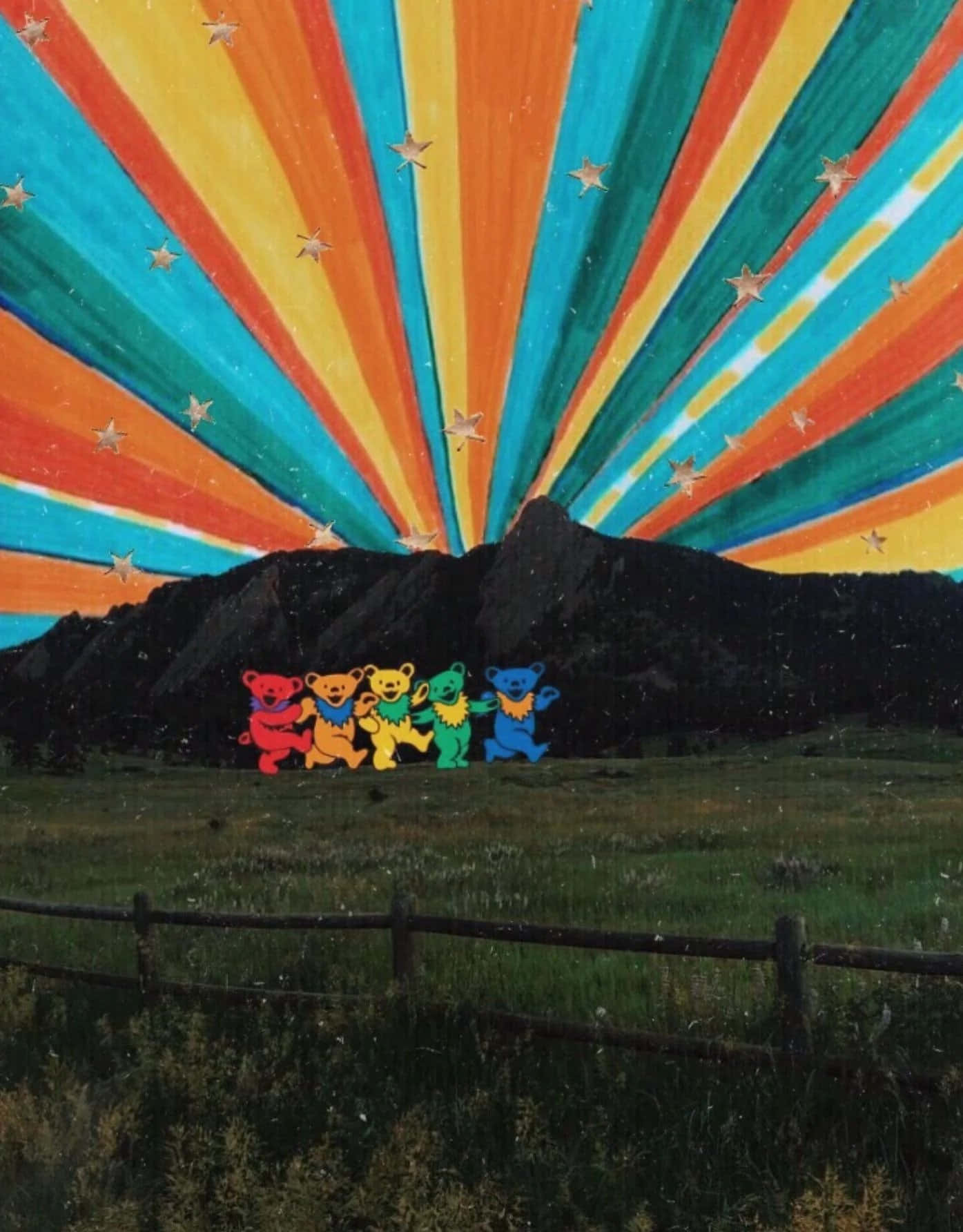 嬉皮士 桌布 壁紙 — 五隻色彩繽紛的跳舞熊站在山前，天空中有燦爛的彩虹和金色的星星。
