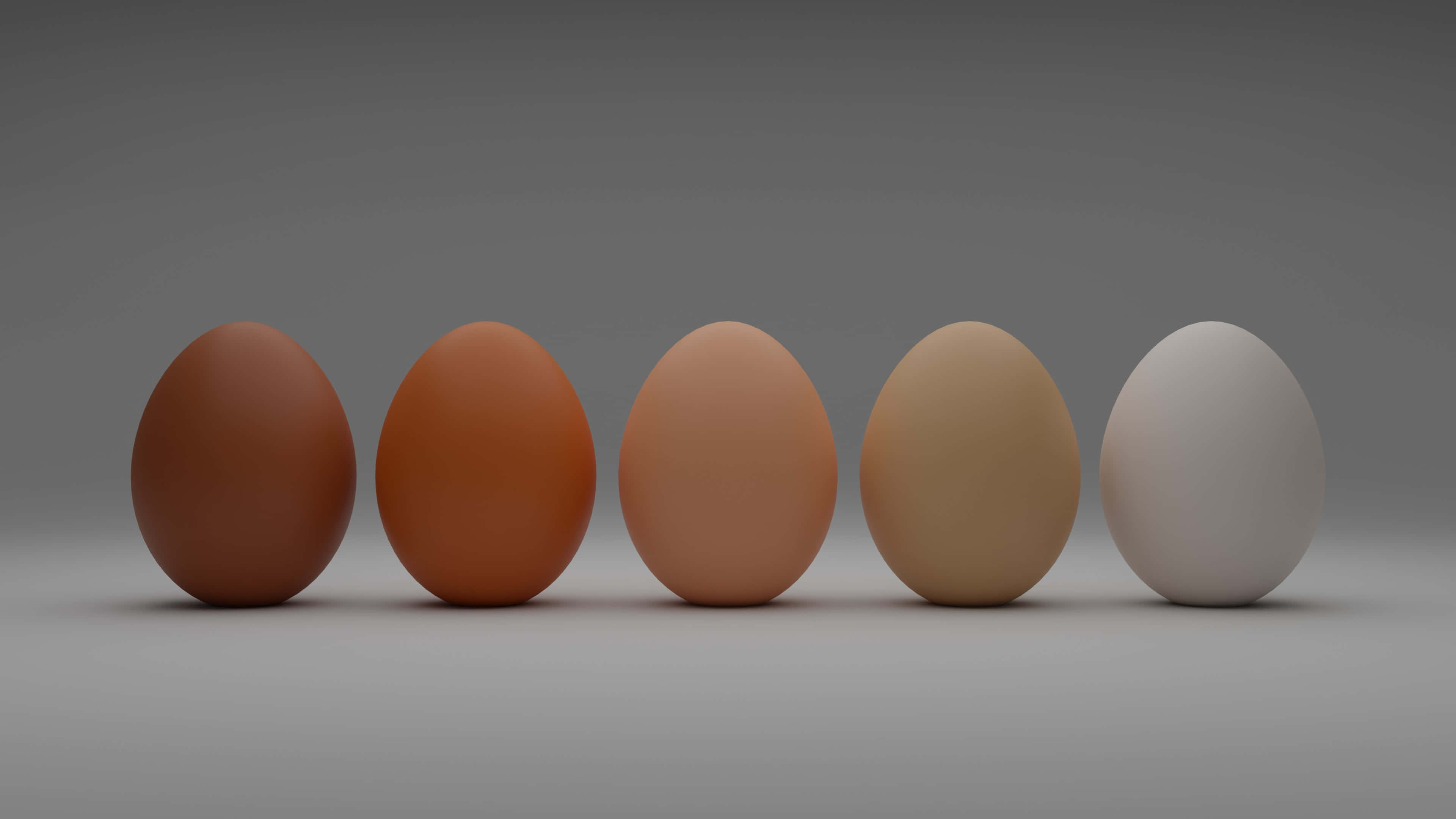 Brown Eggs 桌布 壁紙 — 五隻雞蛋，從深棕色到淺白色的漸變色調，排列在一行，放在中性灰色表面上。