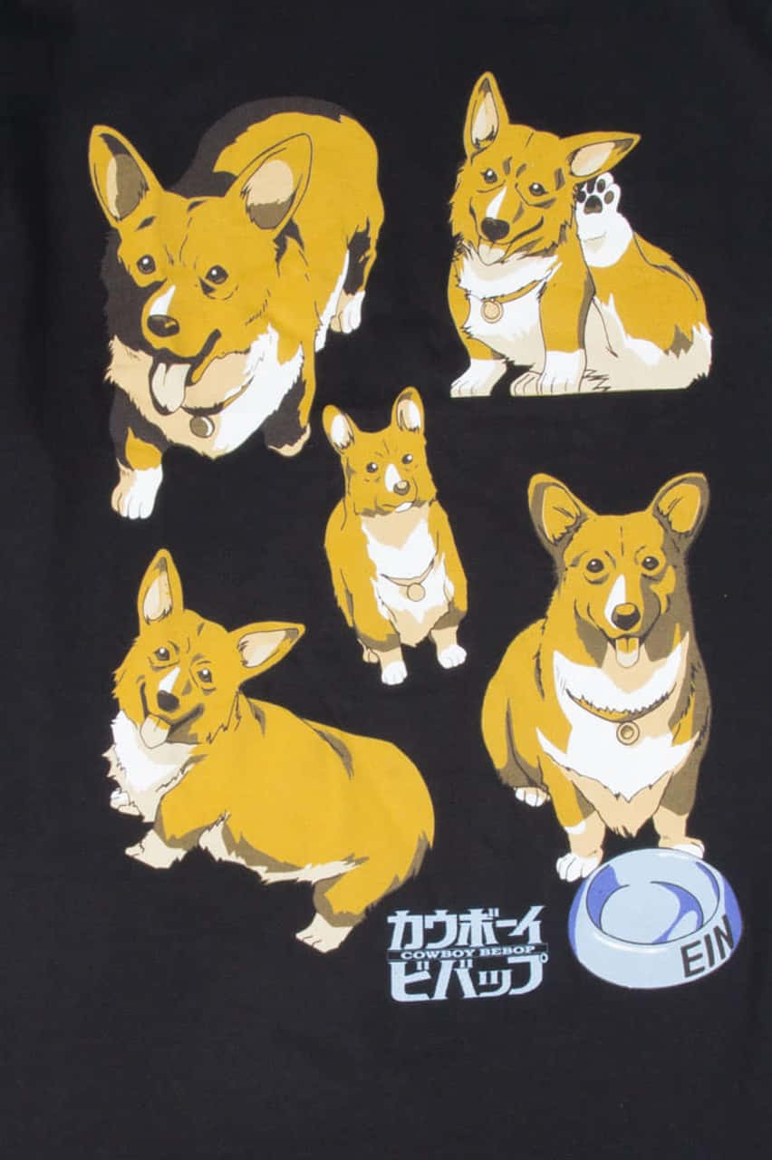 Cowboy Bebop Ein 桌布 壁紙 — 五隻風格化的哥基犬以黃色和白色姿勢出現在一件帶有 Cowboy Bebop 標誌和碗的黑色 T 恤上。