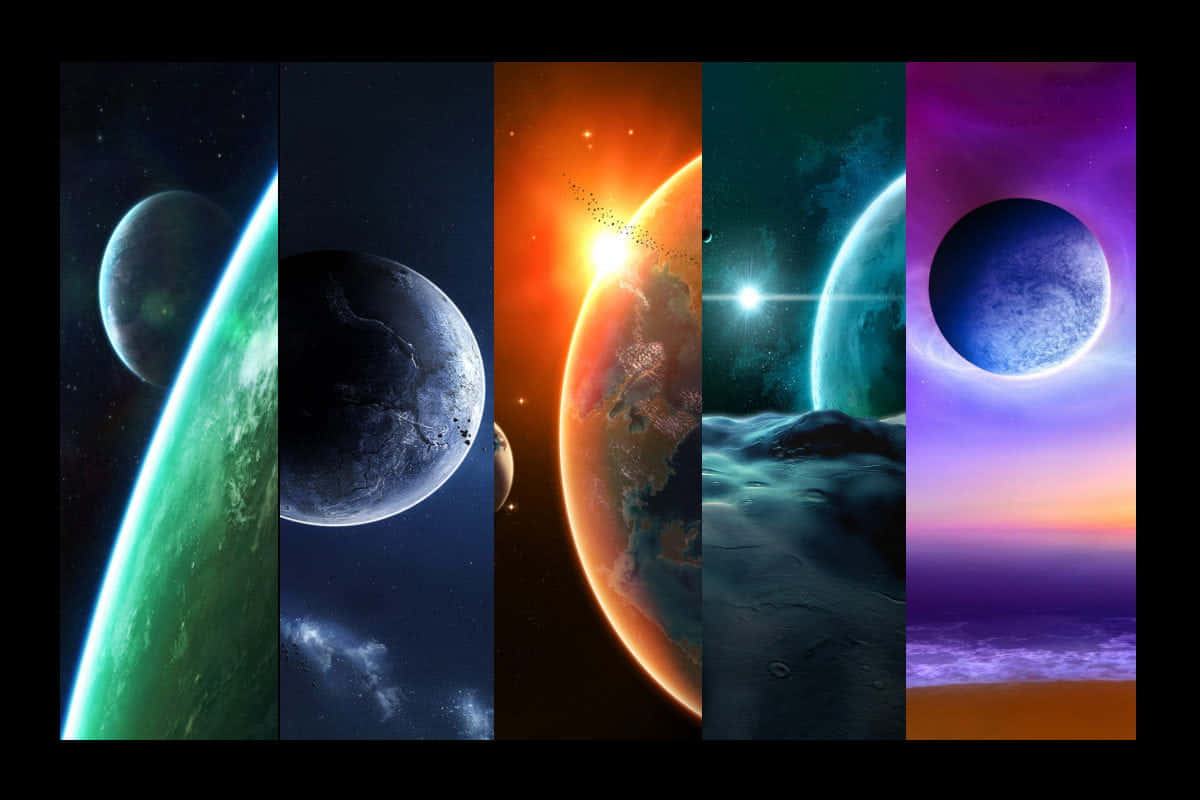 All-in-one 桌布 壁紙 — 五顆充滿活力的外星行星，帶有發光的大氣層和天體，構成宇宙拼貼畫。