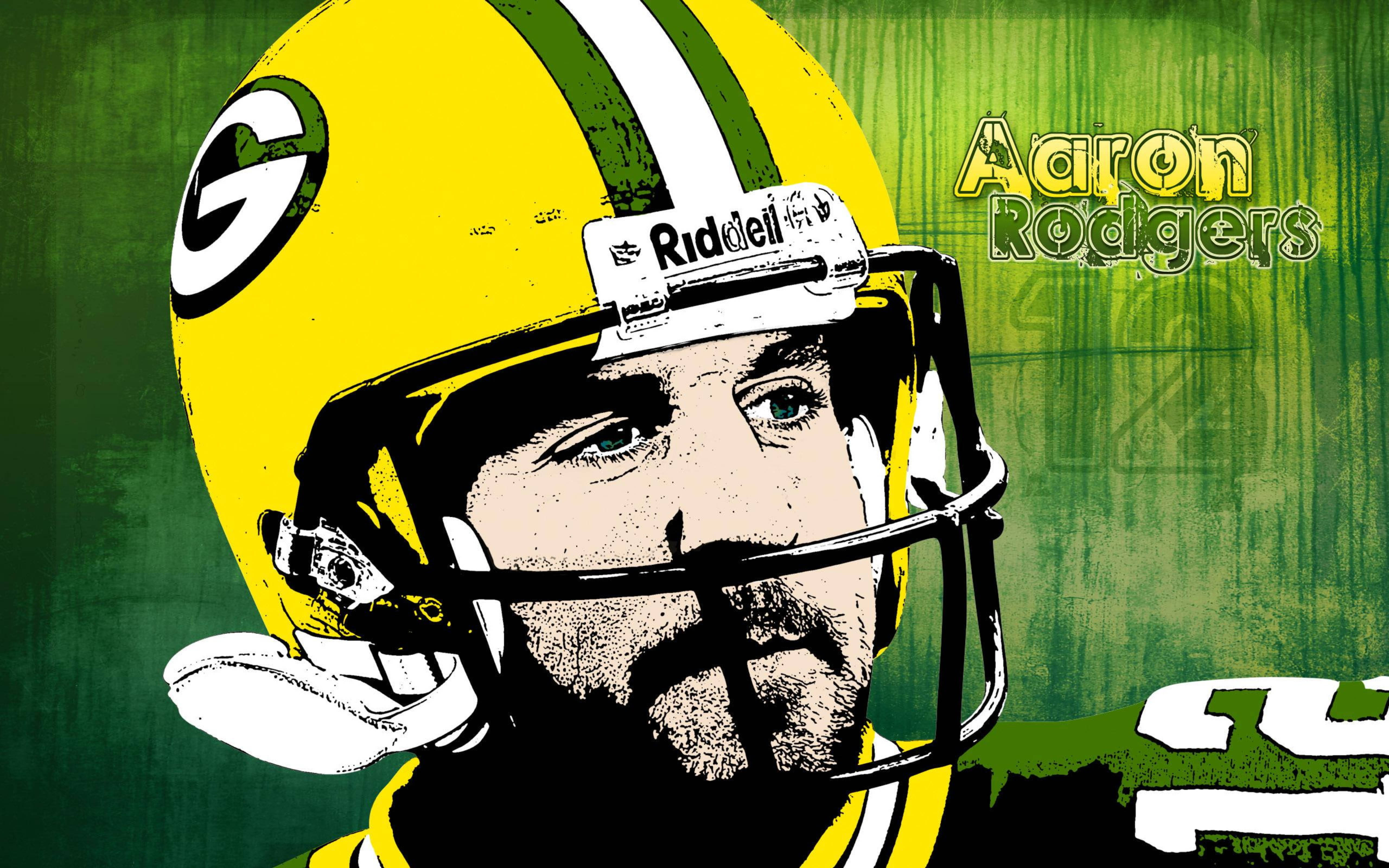 亞倫·羅傑斯 綠灣包装者隊藝術 壁紙 — 亞倫·羅傑斯（Aaron Rodgers）身穿綠灣包裝工頭盔的風格化肖像，背景為帶紋理的綠色。