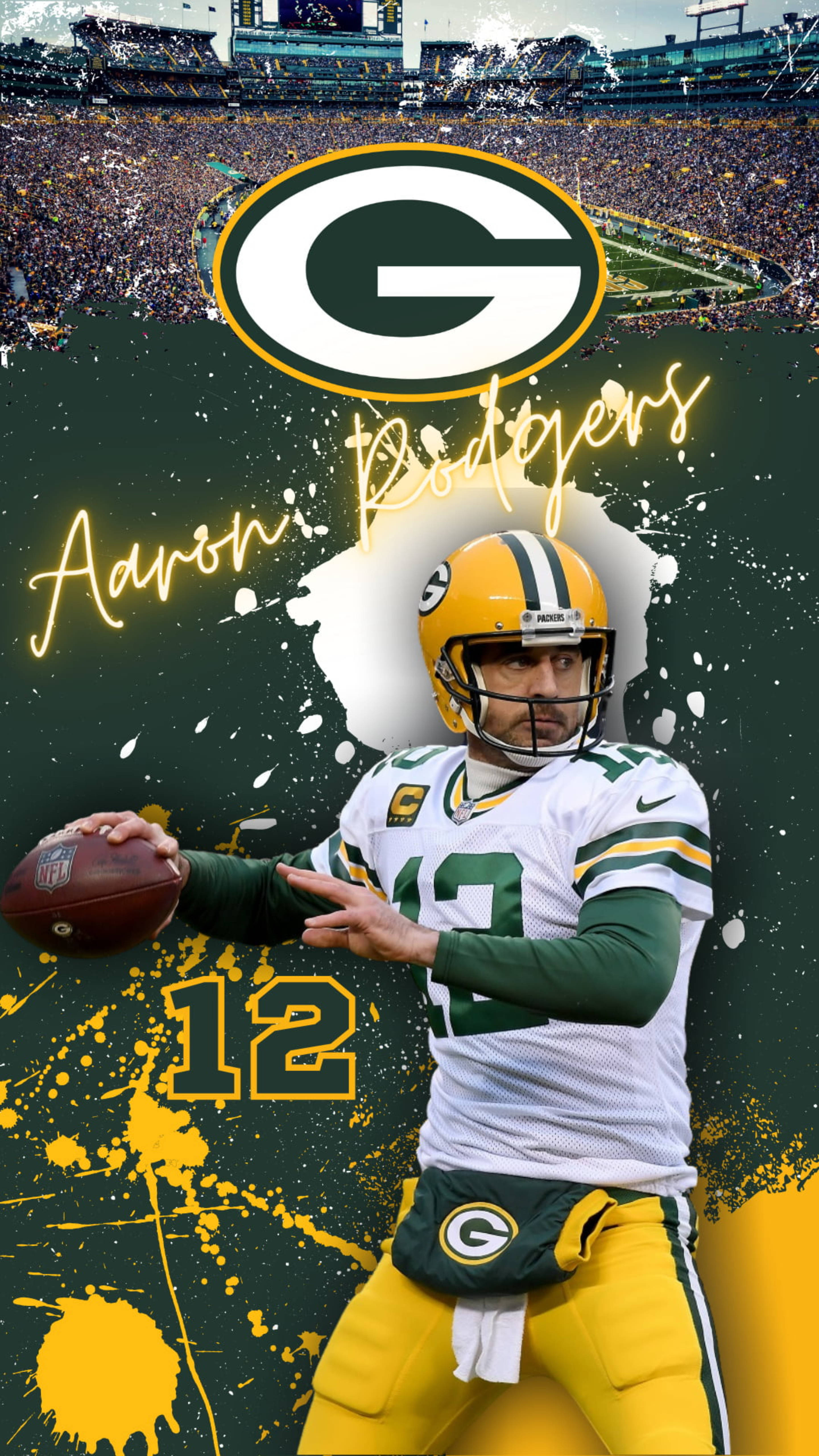 亞倫·羅傑斯 綠灣體育場 壁紙 — Aaron Rodgers 身穿綠灣包裝工隊球衣，在球場背景下做出投擲動作，帶有螢光黃色飛濺效果。