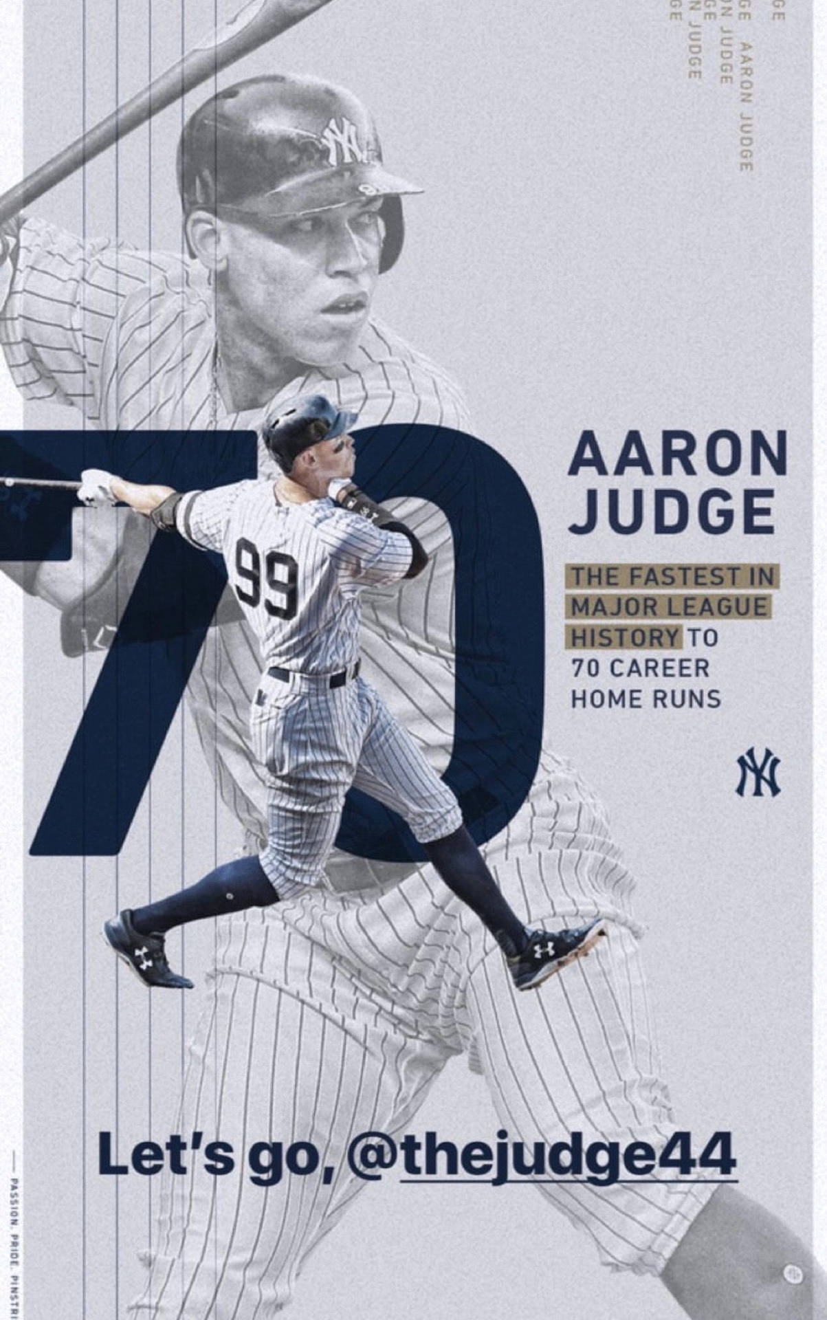 棒球運動員 Aaron Judge 揮棒，帶有 70 支全壘打圖形和球隊標誌。
