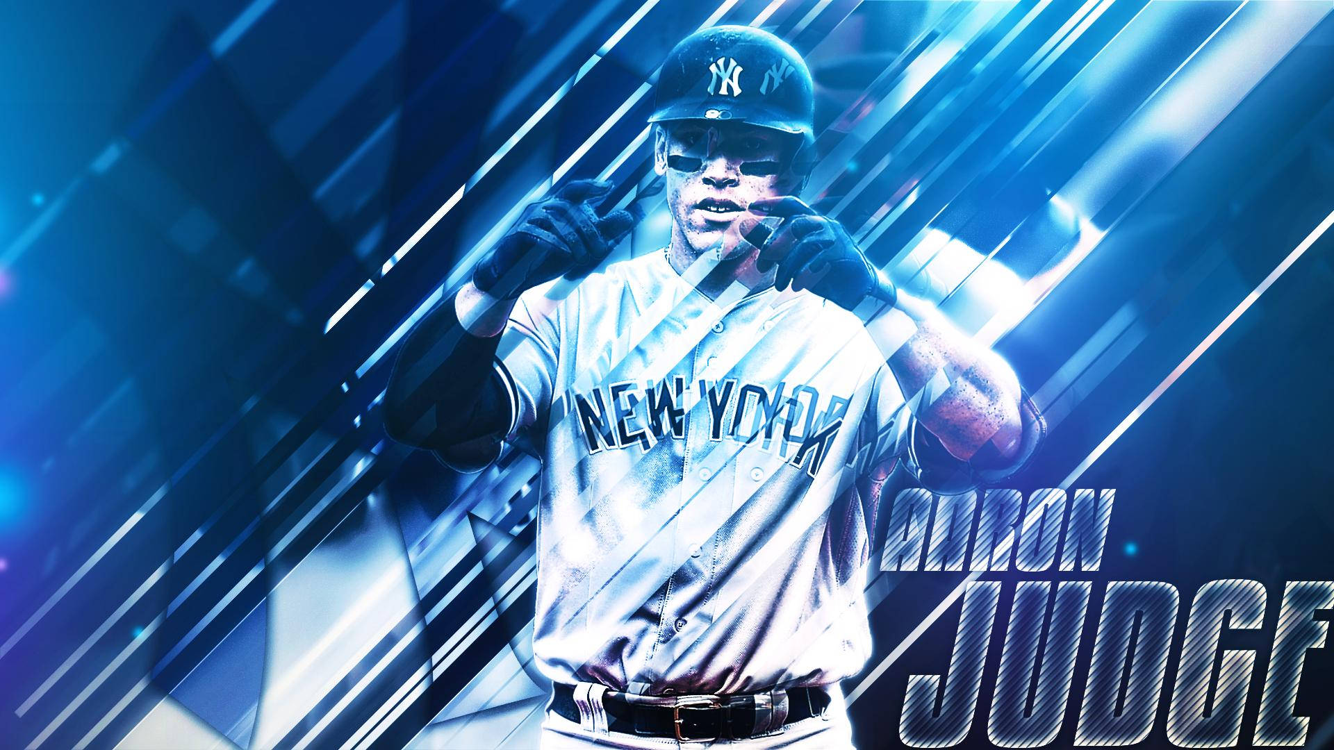棒球手 Aaron Judge 身穿洋基隊制服，準備揮棒，伴隨著發光的藍色條紋。