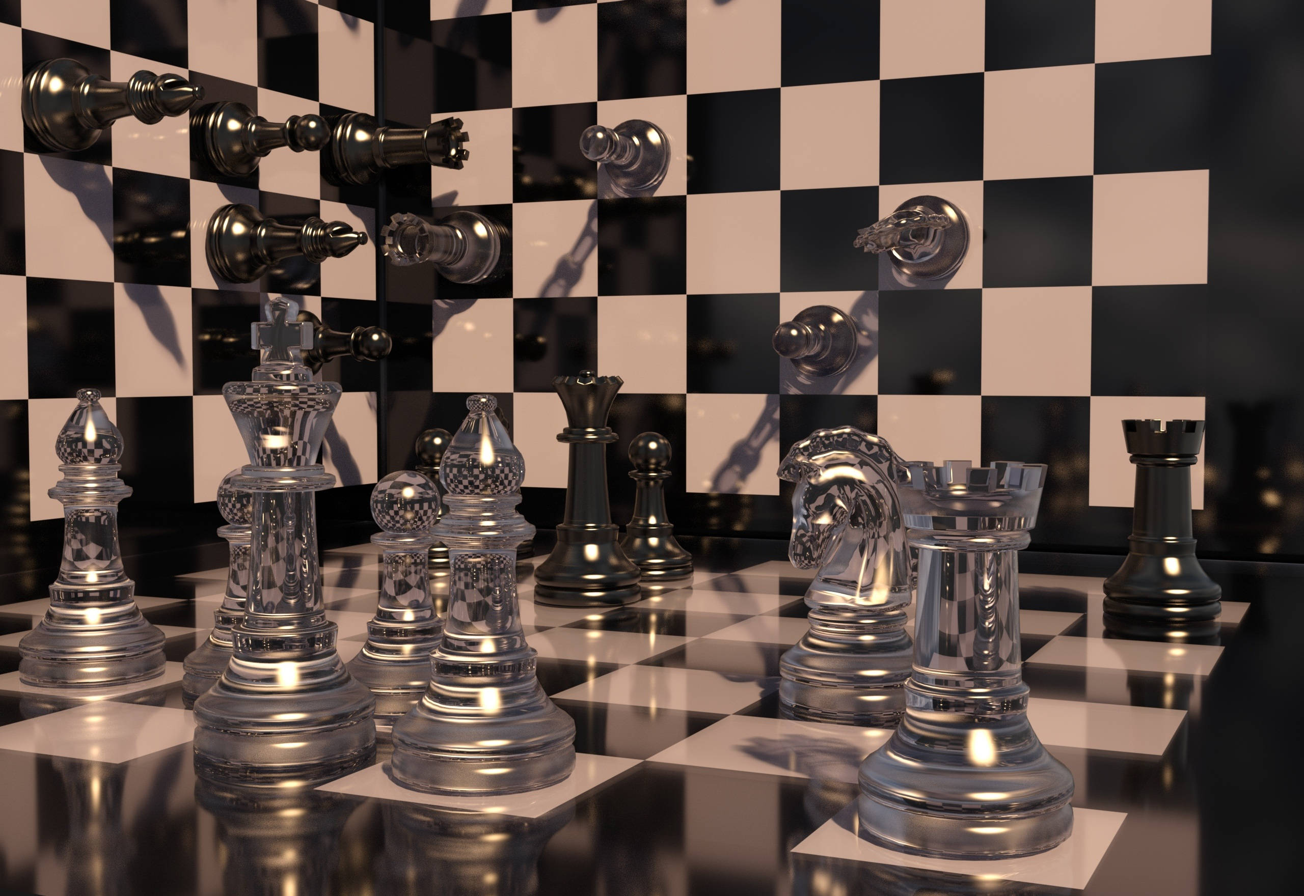 亞克力棋子 壁紙 — 閃亮的金屬國際象棋棋子立在反光的棋盤上，背景是匹配的牆壁。