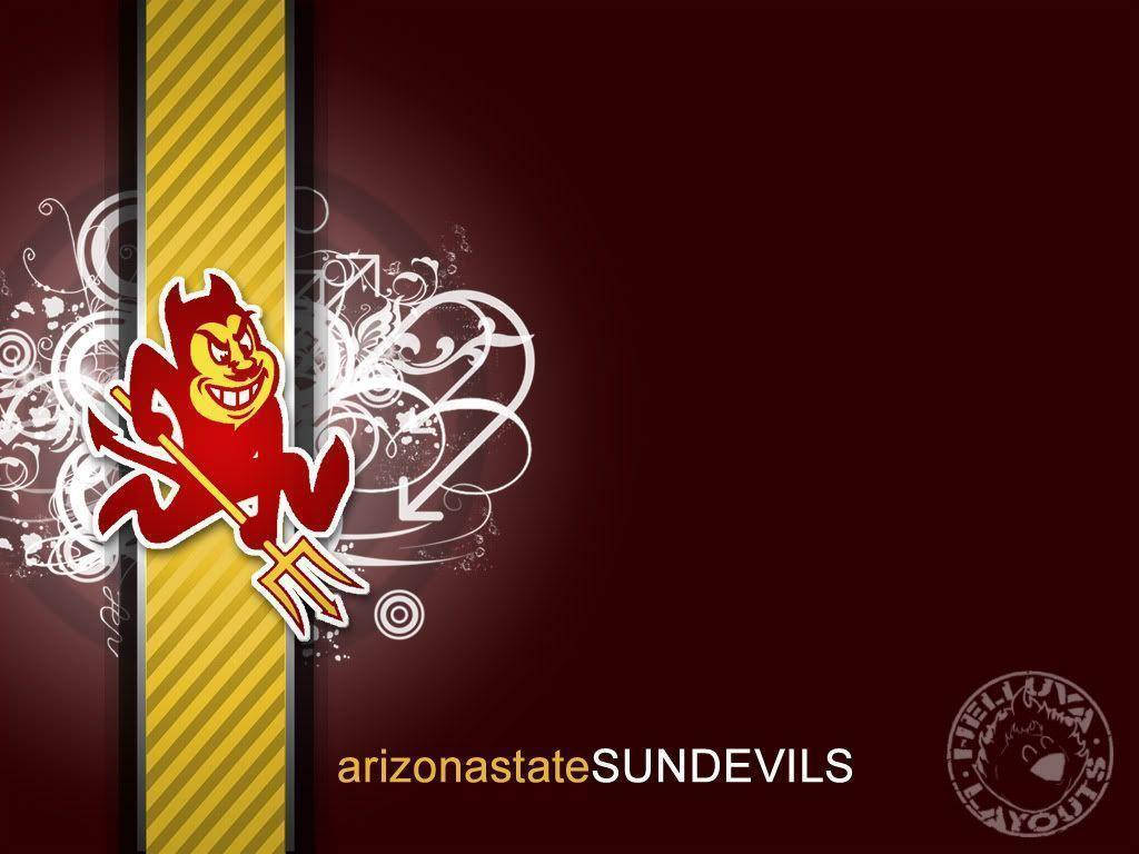 亞利桑那州立大學太陽惡魔吉祥物標誌，魔鬼在栗色和黃色背景上手持三叉戟。