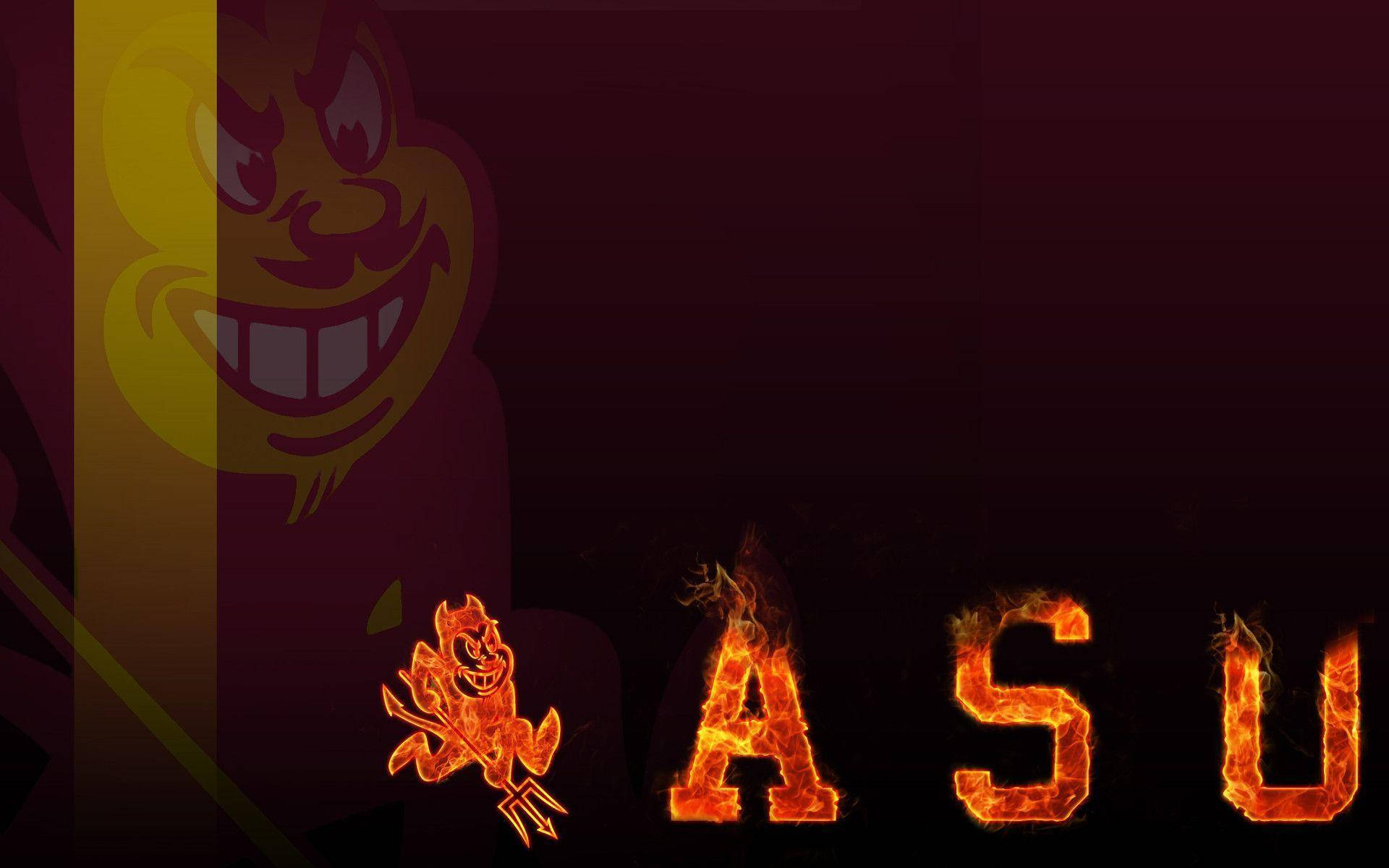 ASU字母和惡魔吉祥物在深色背景上燃燒著火焰。