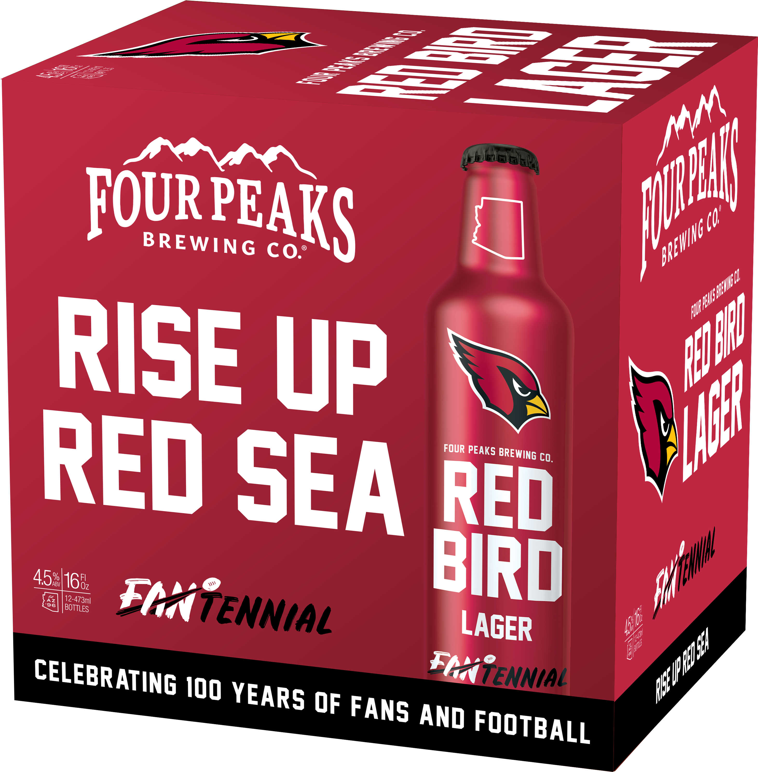 亞利桑那紅雀隊主題啤酒包裝 壁紙 — 一個大膽的紅色Four Peaks Red Bird Lager啤酒盒，帶有紅雀標誌和「Rise Up Red Sea」文字。