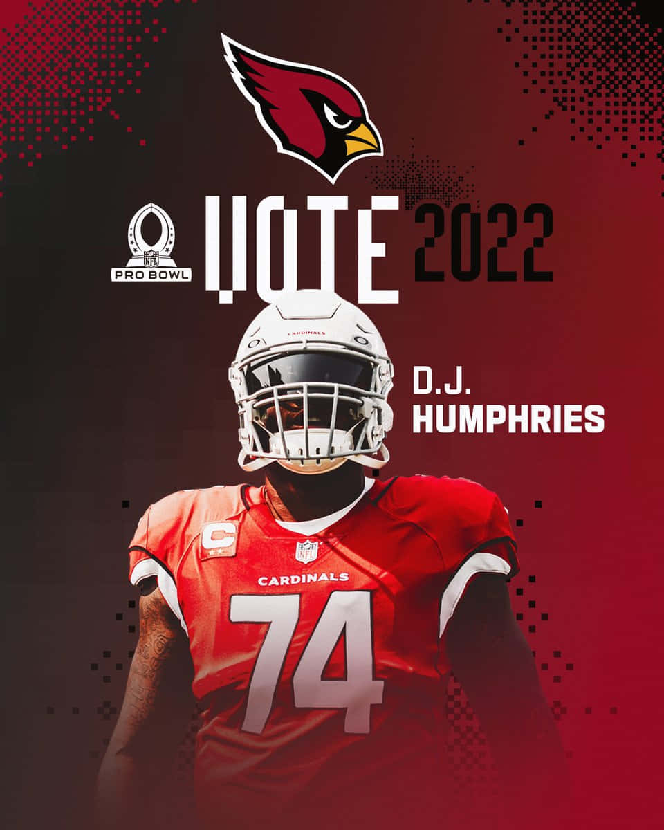 身穿紅雀隊球衣的足球員D.J. Humphries宣傳2022年職業碗投票。