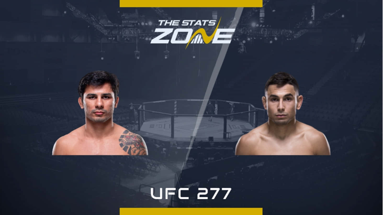 兩位男性MMA拳手在UFC 277宣傳圖像中，背景為競技場。