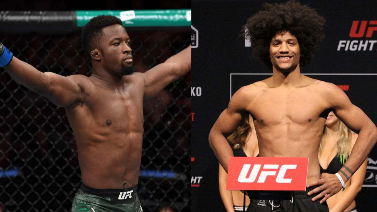 兩位赤裸上身的男性UFC拳手在稱重和八角籠中自信地擺姿勢。
