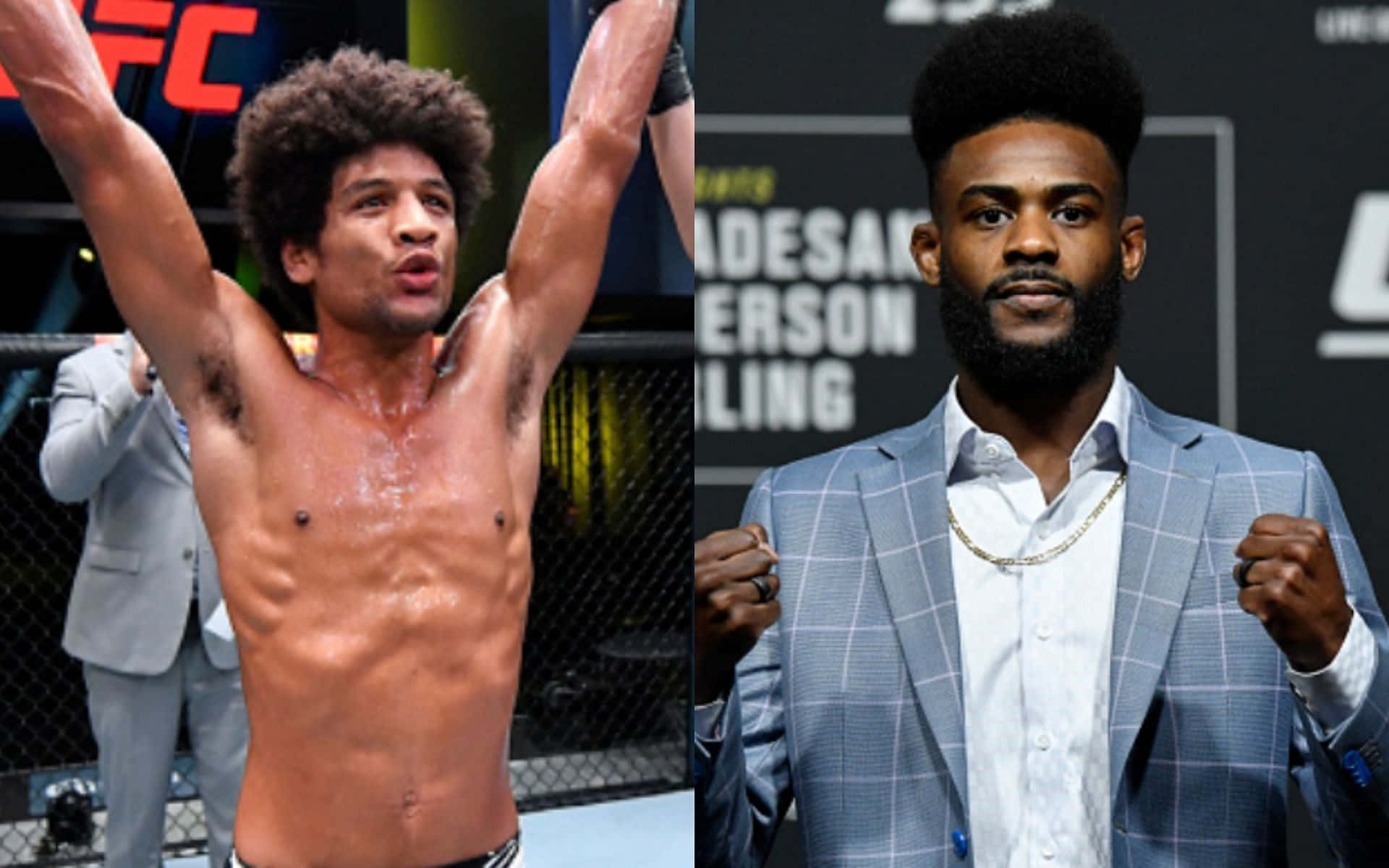 兩名男性UFC拳手，一名在八角籠中獲勝，另一名穿著西裝擺姿勢。