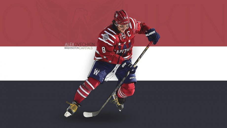 冰球運動員 Alex Ovechkin 身穿紅色 Capitals 制服，手持球桿滑冰。