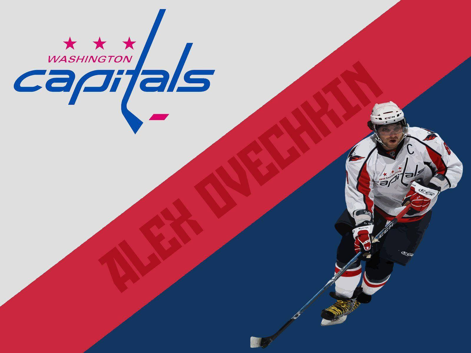 Alex Ovechkin 穿著華盛頓首都隊制服，手持冰球桿滑行。